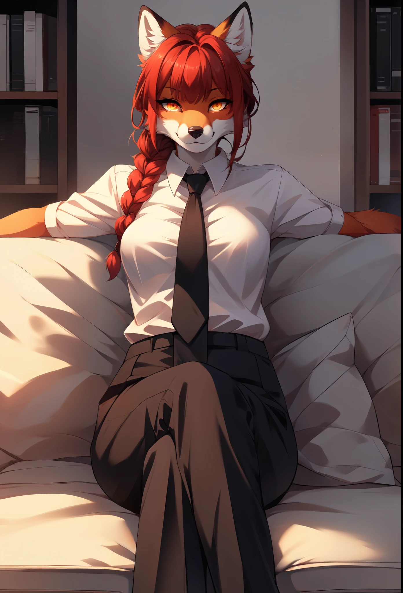 (masterpiece, best quality), 1girl, beautiful face,   makima, shirt, crimson red hair, single braid ponytail, side locks, glowing yellow eyes, ringed irises, straight bangs, collared shirt, white shirt, black pants, necktie, front view, red fox girl, anthro furry red fox, red fox ears, cute snout, black nose, sitting on a sofa, in an elegant office, legs crossed,  by fumiko, by hyattlen, by hioshiru, 