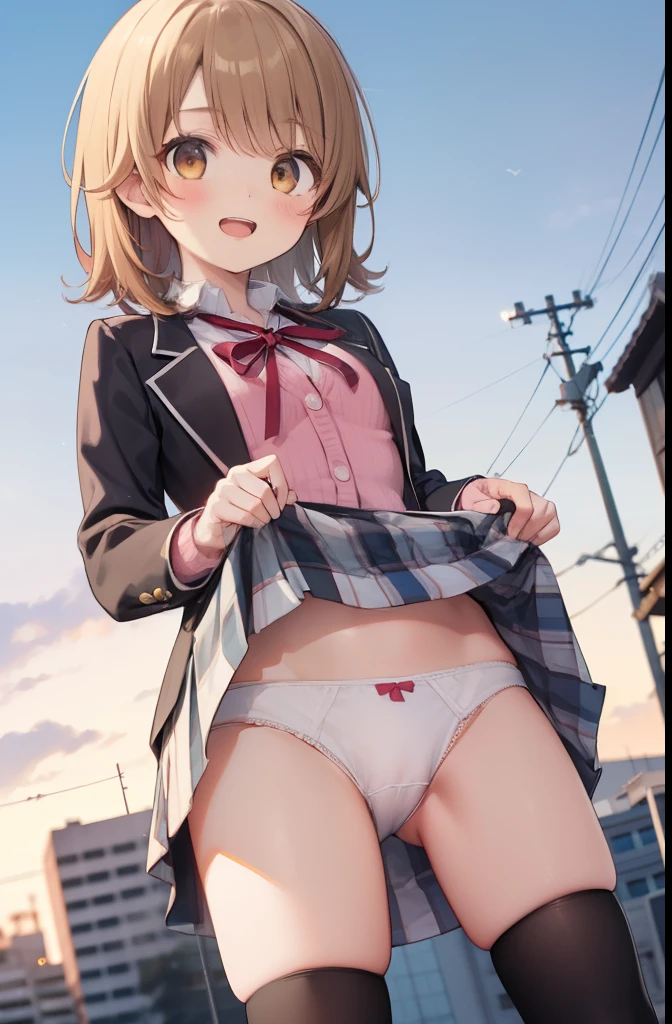irohaisshikitest, iroha isshiki, short hair, brown hair, (brown eyes:1.5),
BREAK skirt, shirt, ribbon, , jacket, white shirt, open clothes, socks, open jacket, black jacket, plaid, kneehighs, plaid skirt, blazer, cardigan, black socks, pink cardigan, sobu high ,
BREAK outdoors, city,
BREAK looking at viewer, BREAK (masterpiece:1.2), best quality, high resolution, unity 8k wallpaper, (illustration:0.8), (beautiful detailed eyes:1.6), extremely detailed face, perfect lighting, extremely detailed CG, (perfect hands, perfect anatomy), (skirt lift:1.5), (white panties:1.5), (short, tiny, little:1.2), groin, perineum, standing, body tilt, smile, open mouth, cowboy shot, dutch angle, from below