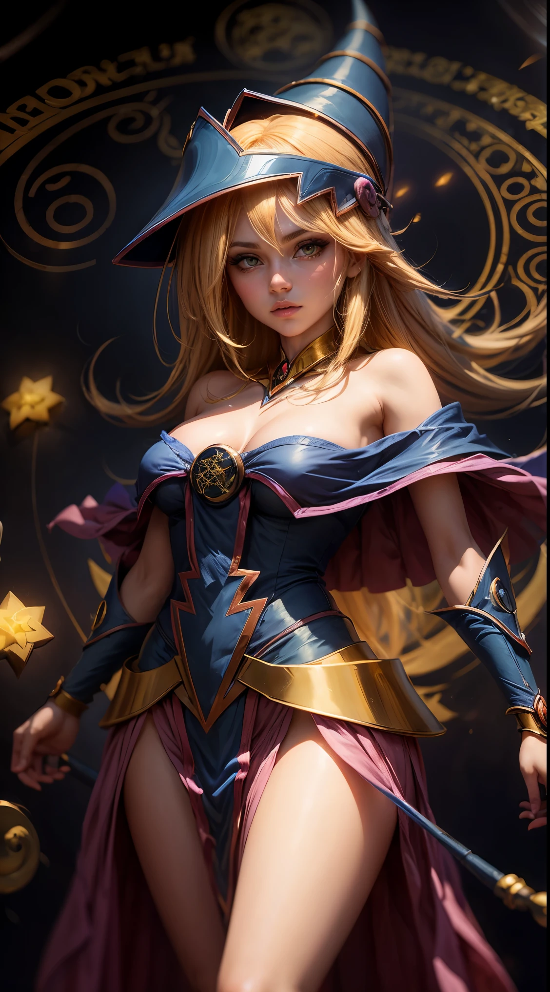 "Photograph of a dark magician golden sorceress under the moonlight,  Atmospheric, Hora dorada, encantador, Oscuro y encantador."