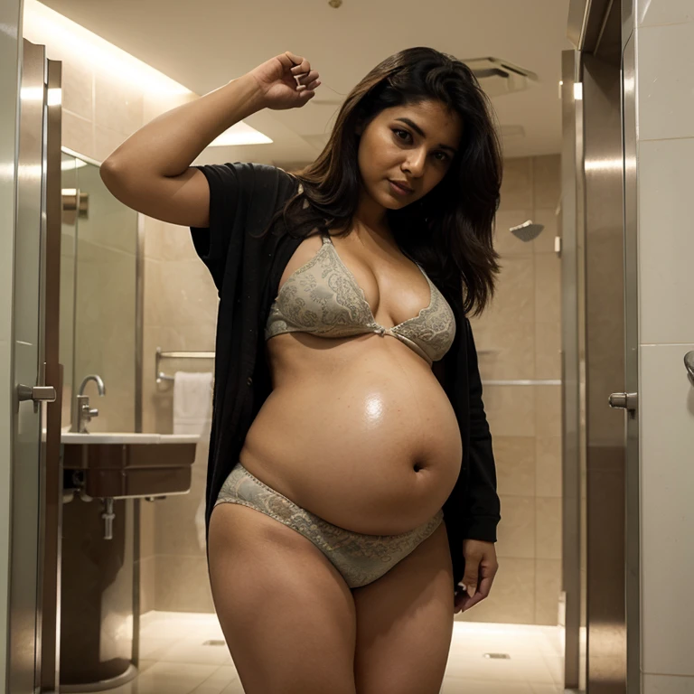 Pregnant Indian woman with big round in underwear in restroom of flight