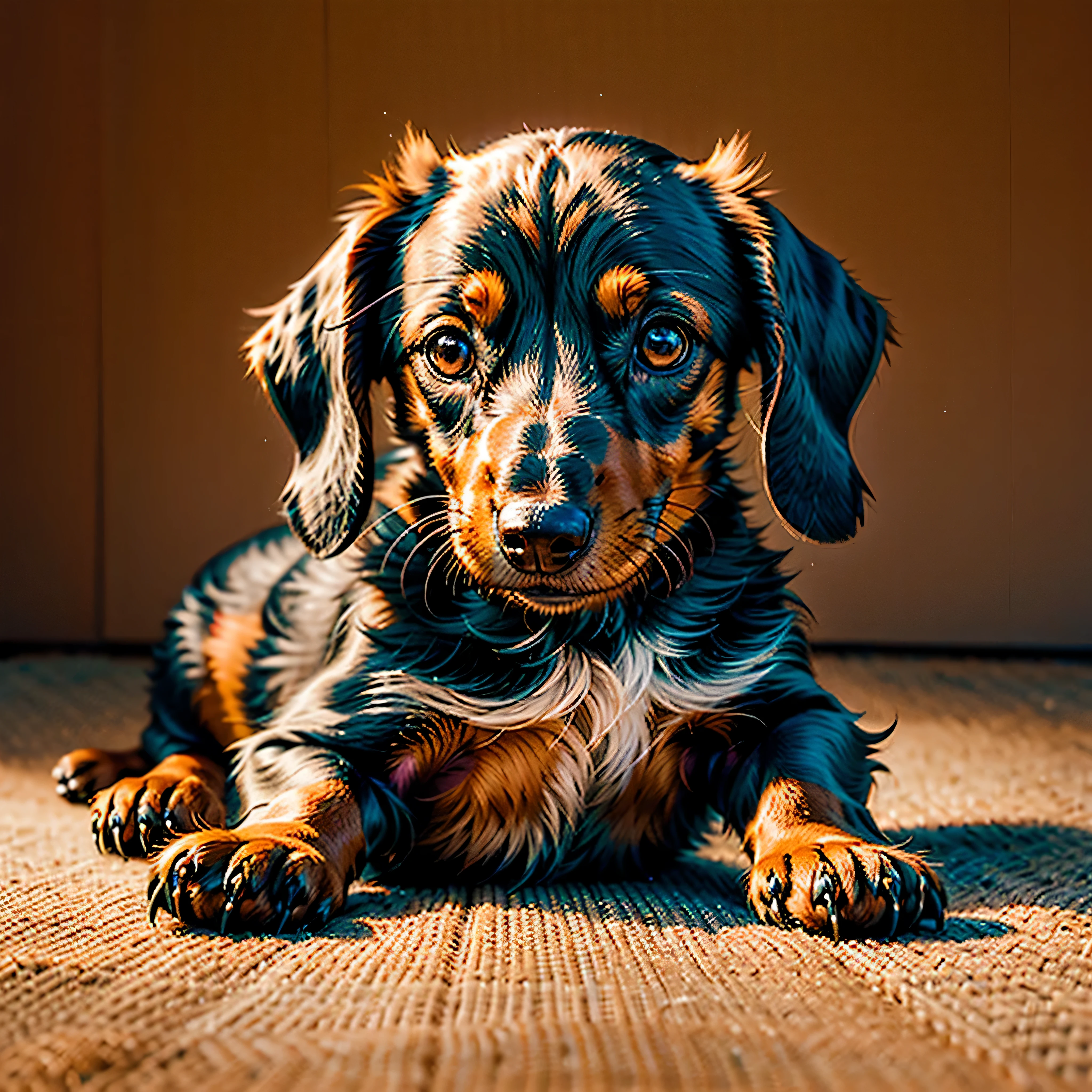 glowing animals Dog "Produces ultra-high-resolution images of chic miniature Dachshund dogs, In Classic Cat Poses. Advanced macro photography techniques are used to bring out the intricate details of the miniature Dachshund dog's black coat, mustache, e olhos expressivos. exposure." Place the camera at eye level with the miniature dachshund dog to create an intimate connection between the viewer and the subject of the miniature dachshund dog. Implemente uma abertura ampla para criar uma profundidade de campo rasa, making the miniature dachshund dog stand out clearly against a softly blurred background. Enhance lighting to highlight the textures and contours of your miniature dachshund dog's body, e use software para remover sombras duras e criar uma atmosfera aconchegante. Pick up the Miniature Dachshund dog in a relaxed position, mas equilibrado, Showing Flexibility and Grace. Tente capturar momentos de movimento natural, alongamento, Grooming, etc. to convey an authentic feeling. We implement post-processing techniques that improve image clarity, Contraste, and color balance, Preserving Every Aspect of Your Miniature Dachshund Dog, From its intricate patterns to its intense gaze, renderizando-o em detalhes impressionantes. finalmente, Capture a fleeting moment that conveys the gentle beauty and innate grace of the Miniature Dachshund and celebrates the Miniature Dachshund's unique essence of curiosity and poise. " Chamado Pingo. Idade Idoso --v 6 --s 1000 --c 20 --q 20 --chaos 100