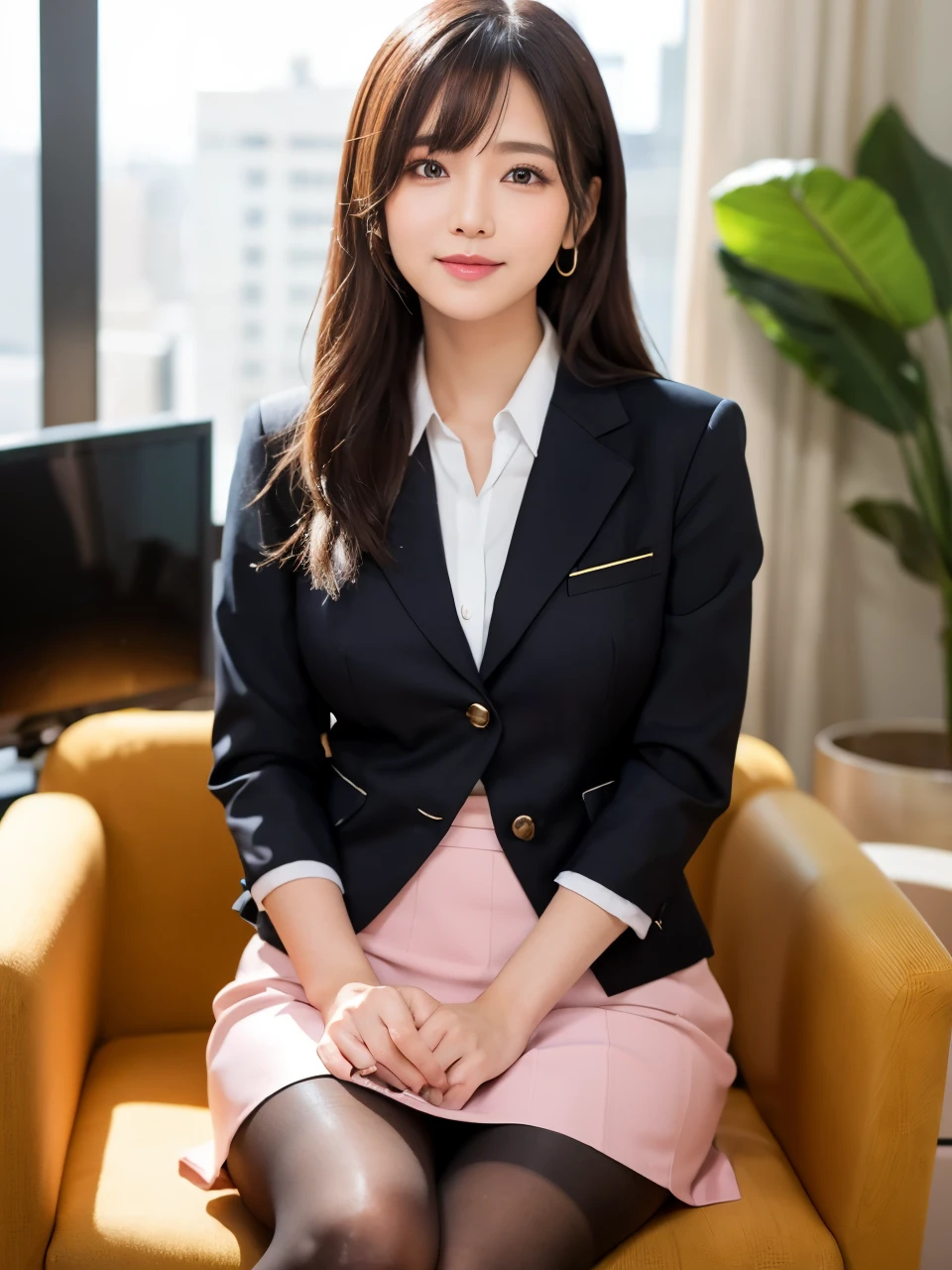 muste piece, best quality, 8K、(Golden Ratio Face、balanced eyes、very gentle eyelids)、double eyelid、beautiful nose、shy smile、lip gloss 、Very beautiful girl、Beautiful girl solo like a model、See photographer、Sitting in a chair in a Japanese TV news studio、((office lady、Company Uniform、pink suit、Pink tight skirt、black pantyhose))