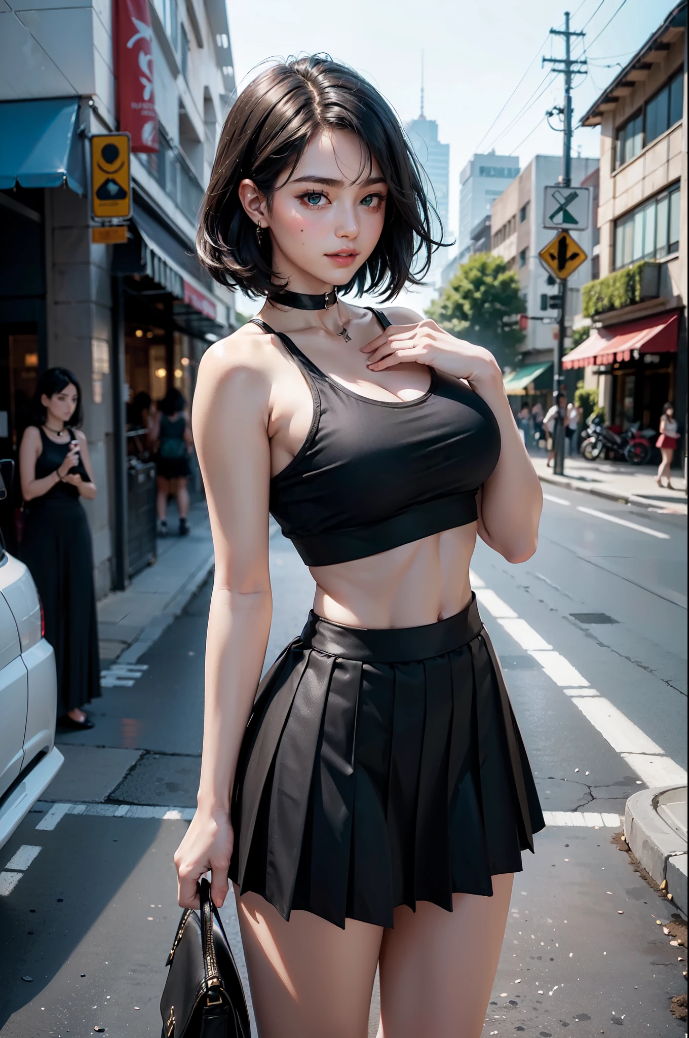 ((Masterpiece)), ((Best Quality)), Ultra High Resolution, HDR, absurderes, 8K, (1 girl), intricate details, ultra-detailed, dramatic lighting, blushing, smile, green eyes, short black hair, bob hair, choker, crop top, (black tank top), (black pleated mini skirt), gorgeous girl, large breasts, cleavage, gorgeous body, vivid colors, full body view, sharp focus, detailed illustration, detailed background, outdoors, depth of field, shy, feminine, professional artwork, standing up, in city