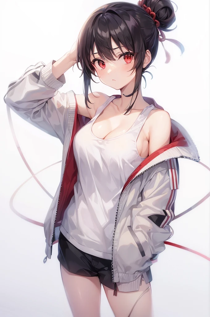 (((highest quality, High resolution, Japan Manga))) , red eyes, 1 girl, alone, looking at the viewer, topknot,bun hair, black hair, long sleeve, cleavage, medium breasts, closed mouth, clavicle, white tank top, Open Parka, black hoodie, shorts,cool beauty,Two-dimensional beautiful girl,Japan anime beautiful girl,((Tie your hair with a red string))