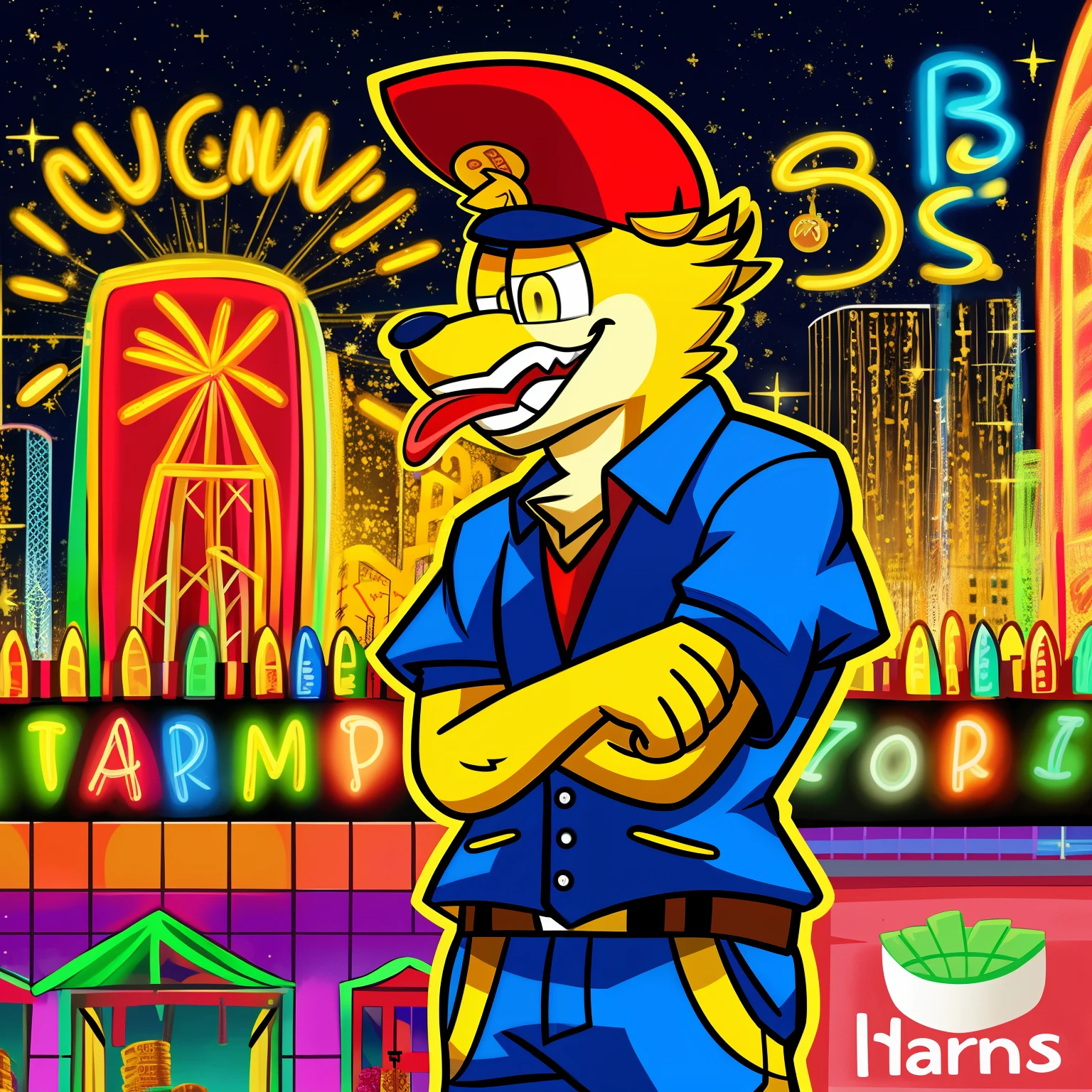 A profile for a Meme coin named Dollar is a vibrant and quirky character, designed in a splashy, animated style. The coin's body is shaped like a dollar sign, with bright yellow eyes that shine with mischief. He wears a red cap adorned with the inscription "Meme," and a blue vest emblazoned with the word "Coins" in bold, golden letters.
Dollar is often seen with a tongue wagging from the corner of his mouth, as if in a perpetual state of amusement. He leans casually against a neon-lit cityscape, one leg bent at the knee and his arms crossed, exuding an
