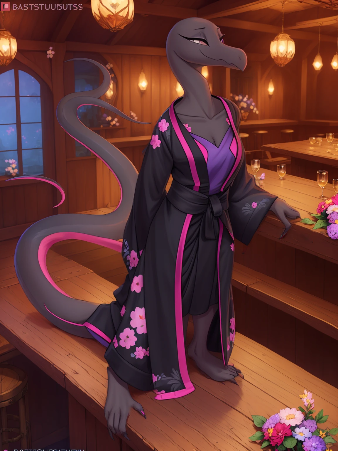 uploaded on e621, 3d , (bastika, cutesexyrobutts, hioshiru), female, solo, salazzle, tavern, (wearing a black kimono, long kimono, kimono with long sleeves, flowers on kimono) happy, natural breasts, long flowing tail