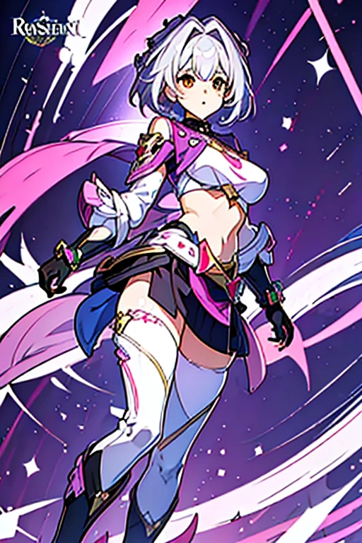 (Masterpiece: 1.5, better quality, high resolution: 1.3, super resolution, super detailed, ultra detailed: 1.3, Rico Fund: 1.2, 1 girl)) ((face is not shown)) Pale skin + White hair + short hair + There is no bangs on the face + female body + medium hips + large breasts + thick thighs (intricate short top, large gabardine, tight pants, legs in legs, high boots, mask that hides the face, hip tattoos and neck ) (background with pink element, rays pink, two star robots) (accessories and clothing colors: black, white, silver, purple)