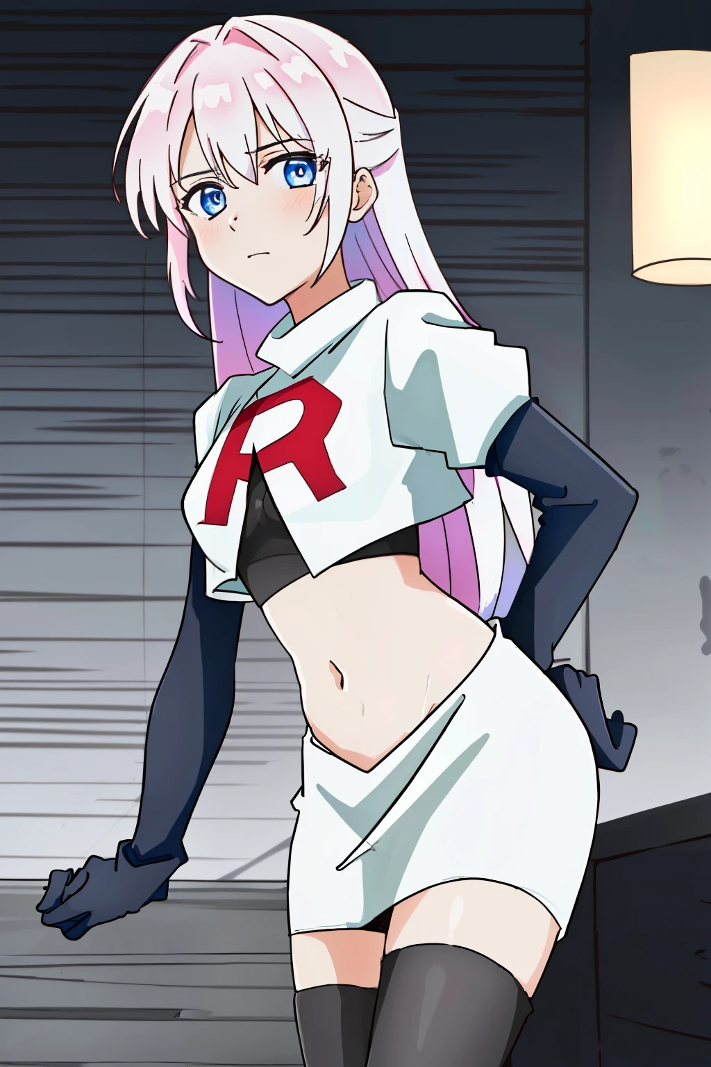 1girl, solo, shikimoriMicchon, highres, hdr, (((best quality, masterpiece))), ultra detailed illustration, extremely detailed face, team rocket,team rocket uniform, red letter R, white skirt,white crop top,black thigh-highs,black elbow gloves,