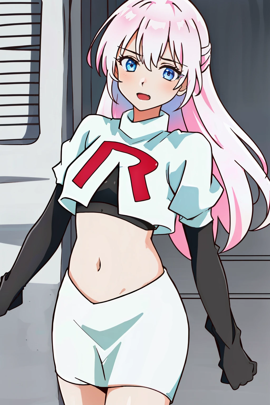 1girl, solo, shikimoriMicchon, highres, hdr, (((best quality, masterpiece))), ultra detailed illustration, extremely detailed face, team rocket,team rocket uniform, red letter R, white skirt,white crop top,black thigh-highs,black elbow gloves,