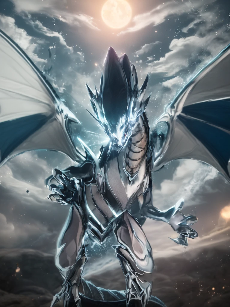 ((FOTOGRAFIA REALISTA)) (8k, Foto RAW, melhor qualidade, senhor:1.2), (Realistic, photo-Realistic:2), ULTRA DRAGON ANGRY ((ULTRA HIGH DEFINITION)), ((QUALIDADE 4K)), ((MUITO DETALHADO)), ((TEXTURA SONY a7s)) a close up of a dragon on a rock with a STONE in the background, ((blue white dragon)), SKY BLUE STARS LIGHT