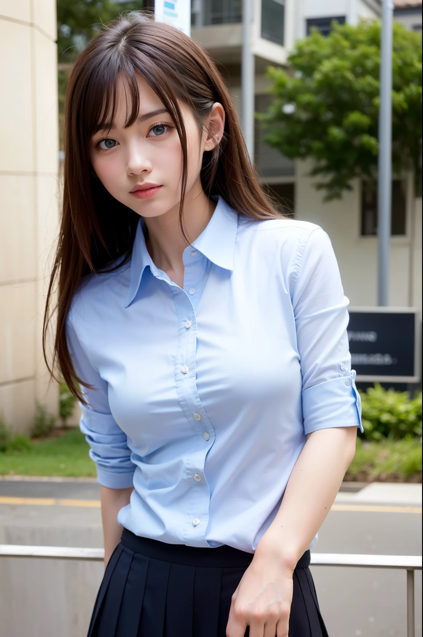 best quality, masterpiece, ultra high res, (photo realistic:1.4), 1 girl, medium breasts, big blue eyes, brown hair, white button shirt, black skirt, school uniform, cute, young, posing, very long hair, looking at viewers, park,