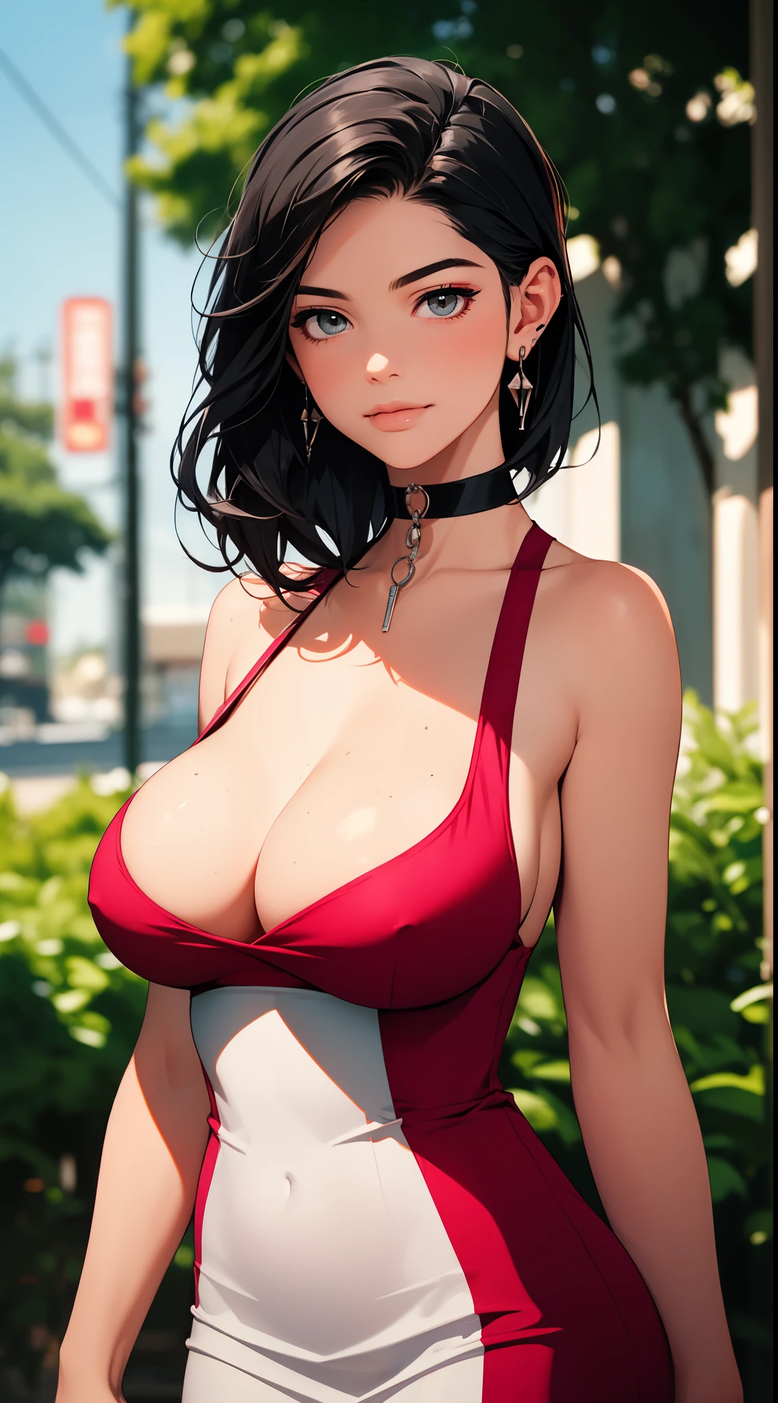 ((Best quality)), ((masterpiece)), realistic, beautiful, sexy, young girl, bob black hair, choker, cleavage, big breasts, professional makeup, cool, wearing a sexy cute pink modern sleeveless halterneck dress, sunny day, tyndall effect, god ray, outdoor, bright, subtle smile,