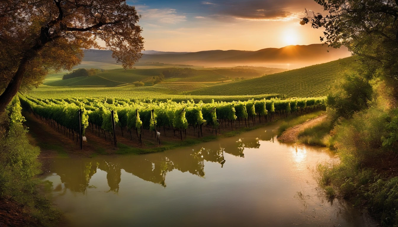 create a heavenly view with a vineyard beneath which rivers flow