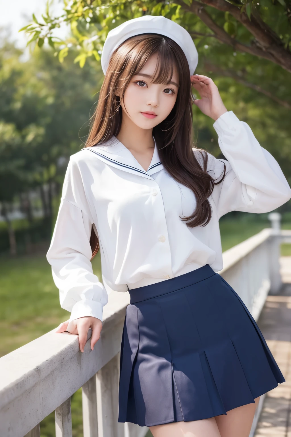 (((grab the skirt、Skirt Lift 1.3、自分でSkirt Lift 1.5、skirt that rolls up:1.3、pure white panties)))、masterpiece,highest quality,ultra high resolution),japanese woman, Very beautiful girl, naive girl、perfect limbs、perfect anatomy、cute sailor suit、long sleeve sailor suit、navy blue skirt、pure white、Shining beautiful skin、Moist eyes、Brown glittery hair、Colors and landscapes of youth、premonition of love