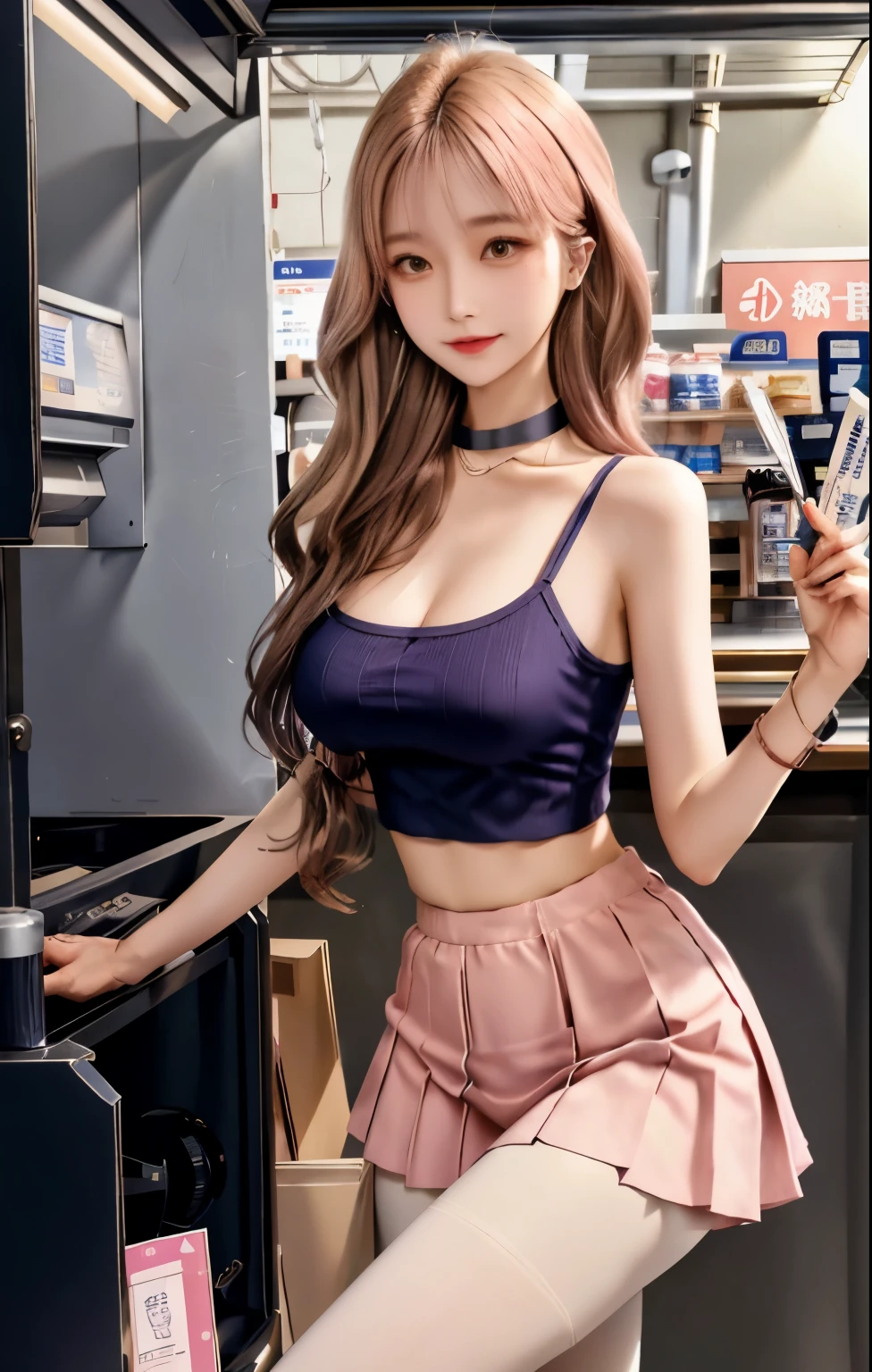 ((((highest quality))))、(((Ultra-precision CG16K wallpaper)))、(((masterpiece)))、(((Super detailed)))、(((Extreme detail)))、((１Mature 29 year old woman:1.6))、((Very beautiful Japanese faces))、((vegetable々Introduction:1.5))、((Straight one-length semi-long hair、blunt bangs:1.5))、((Shiny Blonde:1.5))、Beautiful delicate eyes、Brown Eyes、eyeliner、Eyeshadow、High nose、Small nostrils、Small Mouth、Seductive lips、Beautiful breasts、((C cup size breasts))、Cleavage、Beautiful feet、eight-headed body、Perfect proportions、Perfect Anatomy、Perfect composition、Beautiful detailed shading、Beautiful, natural lighting、Beautiful detail glow、Depth of written boundary、(((High chroma)))、(((Real:1.9)))、((vivid:1.5))、((Beautiful Skin))、((Skin Texture))、((Realな皮膚感))、(((Cowboy Shot:1.6)))、((front view、shoot from front、Front low angle:1.6))、(((smile:1.6)))、((The woman is looking at this、looking at viewer、Facing forward:1.6))、Bright daylight、Natural light、(((Inside the supermarket、Confectionery section:1.5)))、(Walking Pose:1.6)、(((Navy blue cropped rib knit tank top、White low-rise short pants:1.6)))、((Earrings、Wearing a necklace:1.5))、((Knee-high socks:1.4))、