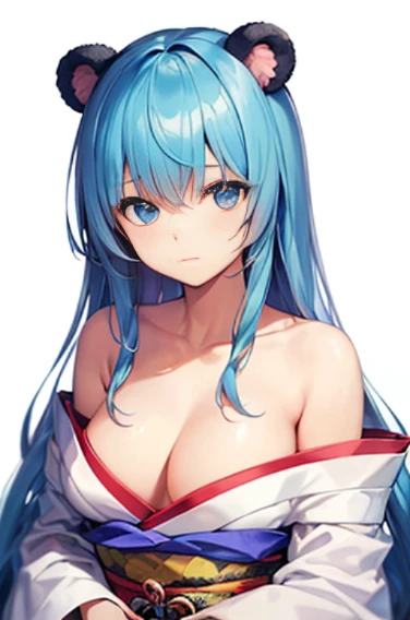 (((highest quality, High resolution, Like a cartoon in Japan))) ,(((bear ears,bear,beastman))),blue eyes, 1 girl, alone, looking at the viewer, blue hair, medium breasts, No bra,closed mouth, clavicle, white kimono, Broken kimono,cleavage,Two-dimensional beautiful girl,Japan anime beautiful girl