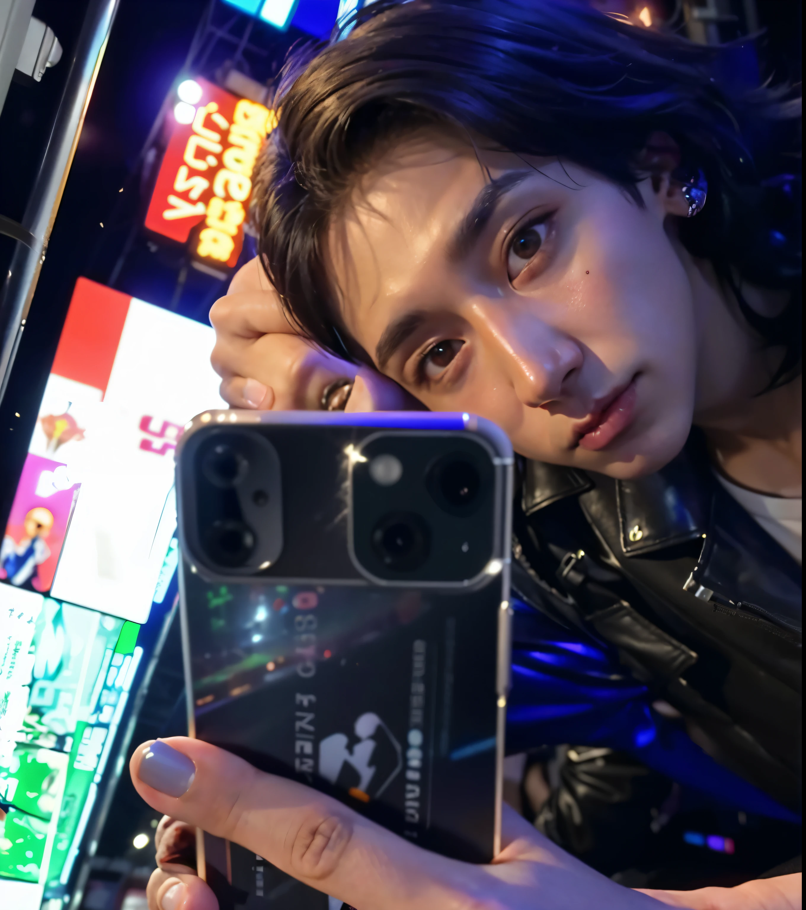 there is a men taking a selfie with his phone in a neon city, iphone selfie, 8k selfie photograph, profile pic, Jungkook bts, very very low quality picture, iphone picture, jungkook bts iphone 12 camera, selfie of a young men 🔞🤡, profile picture