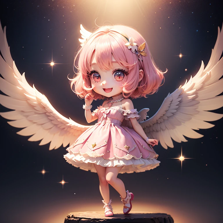 masterpiece、highest quality、super detailed、(Chibi Chara Angel:1.2)、fluffy wings with white fur、(Hello:1.4)、(Light prism:1.2)、open your mouth and smile、Glitter Mold Dress、full body standing、Light pink hair, pink eyes, glitter