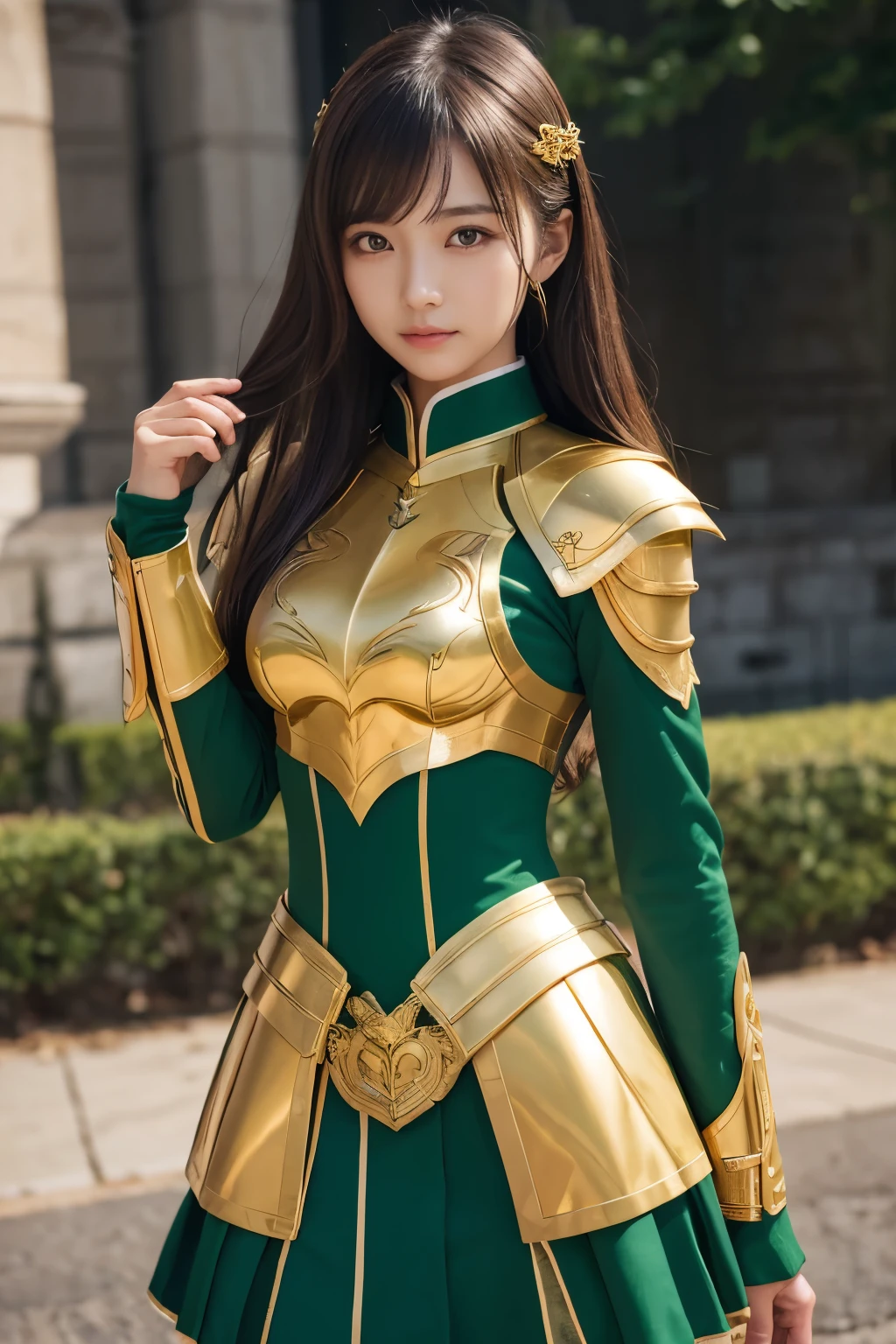 masterpiece,highest quality,ultra high resolution),japanese woman, Very beautiful girl, naive girl、perfect limbs、perfect anatomy、Shining beautiful skin、Moist eyes、white sparkling hair、Colors and landscapes of youth、Premonition of love green and gold uniform、 metallic Green Armor, high quality costumes, brass colored armor coat, masterpiece衣装, Green Armor, avant uniform, golden black uniform, gold armour suit, high quality commander, combat uniform, Embroidered Uniform Guard Mini Skirt、fantasy background