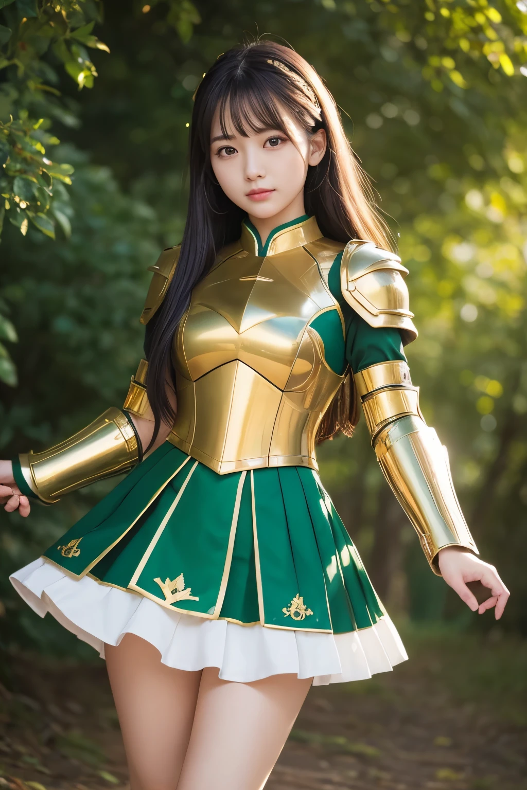 masterpiece,highest quality,ultra high resolution),japanese woman, Very beautiful girl, naive girl、perfect limbs、perfect anatomy、Shining beautiful skin、Moist eyes、white sparkling hair、Colors and landscapes of youth、Premonition of love green and gold uniform、 metallic Green Armor, high quality costumes, brass colored armor coat, masterpiece衣装, Green Armor, avant uniform, golden black uniform, gold armour suit, high quality commander, combat uniform, Embroidered Uniform Guard Mini Skirt、fantasy background