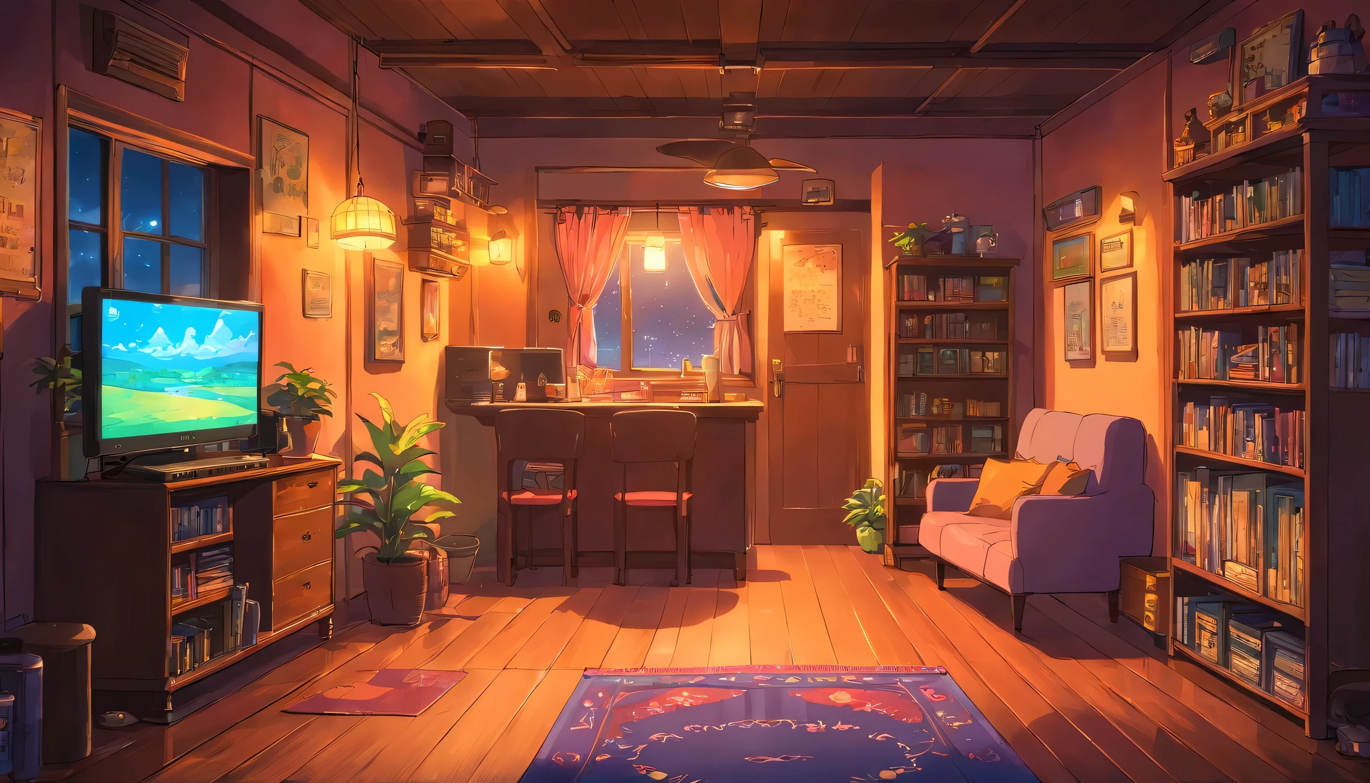 cozy room at night, Usando fones de ouvido, Anime estilo 2D, Lo-fi, disco Rigido, Ambiente escuro