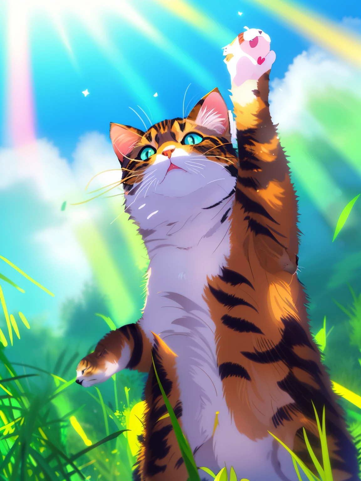 there is a cat that is standing up in the grass, in an action pose, doing a majestic pose, with arms up, cat is floating in air, photo of a cat, doing a sassy pose, reaching for the sky, reaching towards the heavens, playful pose, doing an elegant pose, on his hind legs, cat photography, triumphant pose, cat photo