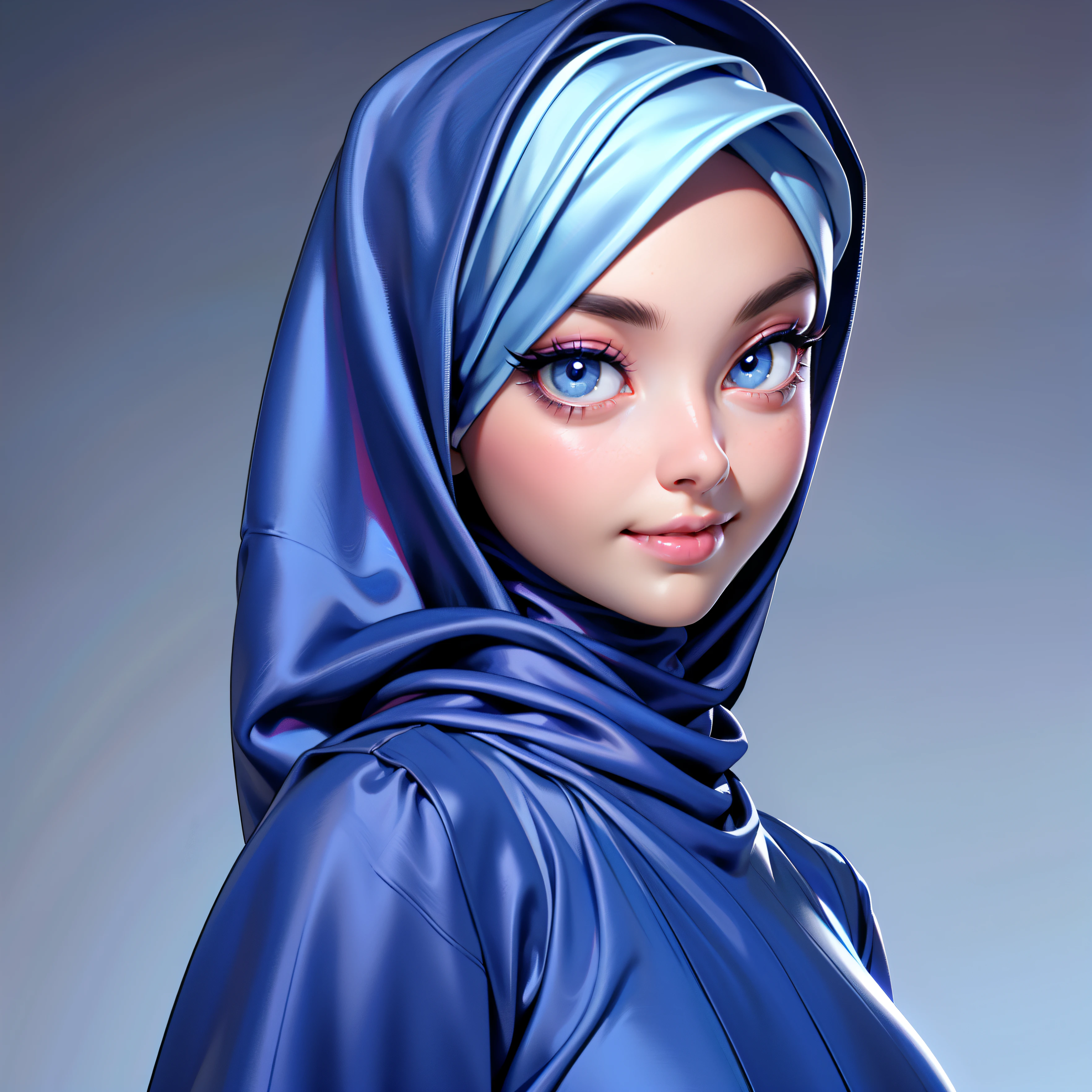 3dmm style, Masterpiece, realistic, best quality, best lighting, beautiful mature Czech woman, 1 girl photo solo, beautifully makeup, eyeshadow, Parted Lips, Detailed Eyes, beautiful big eyes, long eye lashes, dimples on the cheeks, smile, wearing ((Dark blue satin hijab)), loosely tide hijab style wrapping her hair, ((gray satin turtleneck shirt and satin long skirt)), (close up portrait), Side view, standing straight, symmetric Centered facing the viewer.
