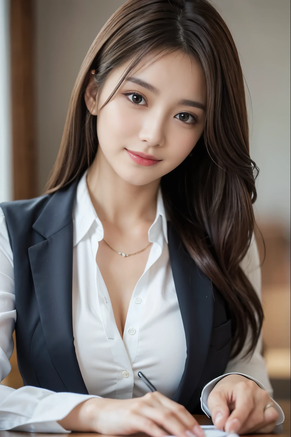 table top, highest quality, realistic, super detailed, finely, High resolution, 8k wallpaper, 1 beautiful woman,, light brown messy hair, wearing a business suit, sharp focus, perfect dynamic composition, detailed and beautiful eyes, fine hair, Detailed and realistic skin texture, smile, close-up portrait, model body shape