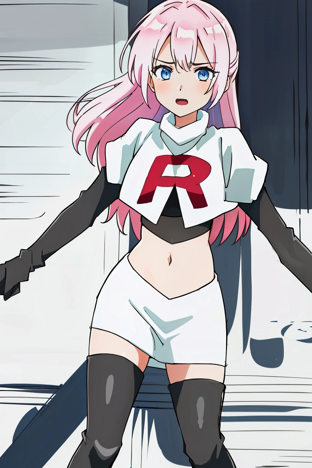 1girl, solo, shikimoriMicchon, highres, hdr, (((best quality, masterpiece))), ultra detailed illustration, extremely detailed face, team rocket,team rocket uniform, red letter R, white skirt,white crop top,black thigh-highs,black elbow gloves,