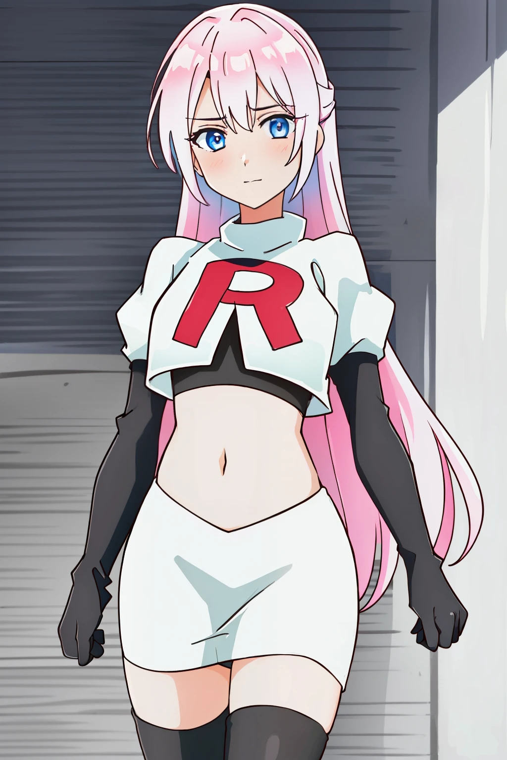 1girl, solo, shikimoriMicchon, highres, hdr, (((best quality, masterpiece))), ultra detailed illustration, extremely detailed face, team rocket,team rocket uniform, red letter R, white skirt,white crop top,black thigh-highs,black elbow gloves,