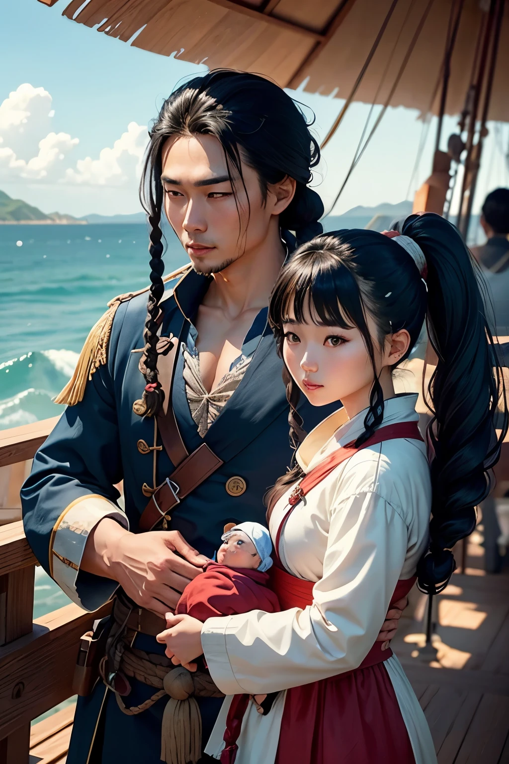 Korean woman with dark hair in a high ponytail wearing pirate clothes standing next to a tall Korean man with braided blue hair and pirate clothing on a wooden ship deck staring out into the ocean, holding a baby.