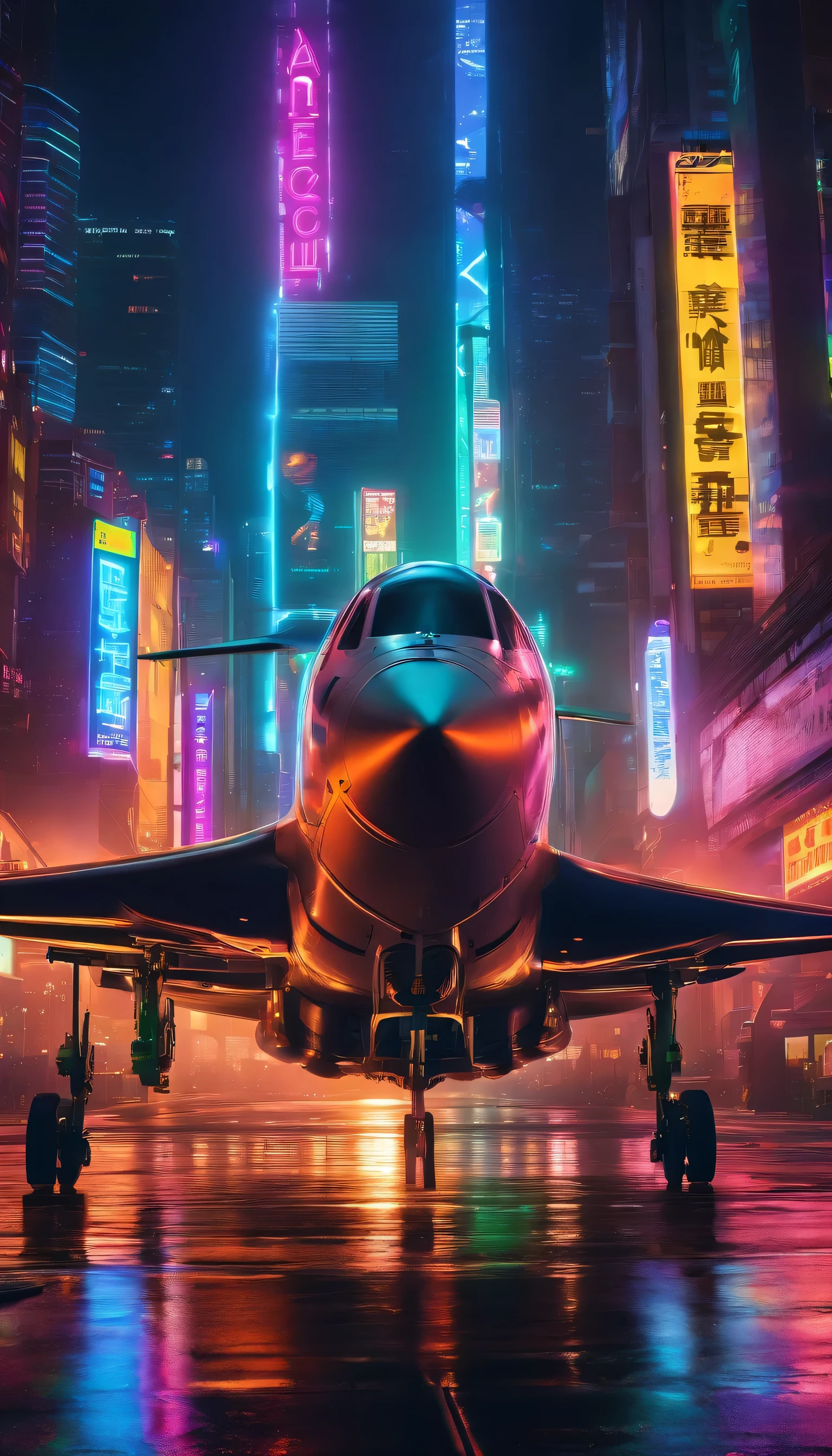 Cyberpunk-style airplane in focus, colored in black and neon, featuring intricate and complex mechanical structures with glowing parts. simple background, Photographed by Juergen Teller. Camera model: Sony A9 II. Camera parameters: shutter speed 1/200, aperture f4.5, ISO 800. Lighting style: street light. Fancy words: powerful, sleek, futuristic
