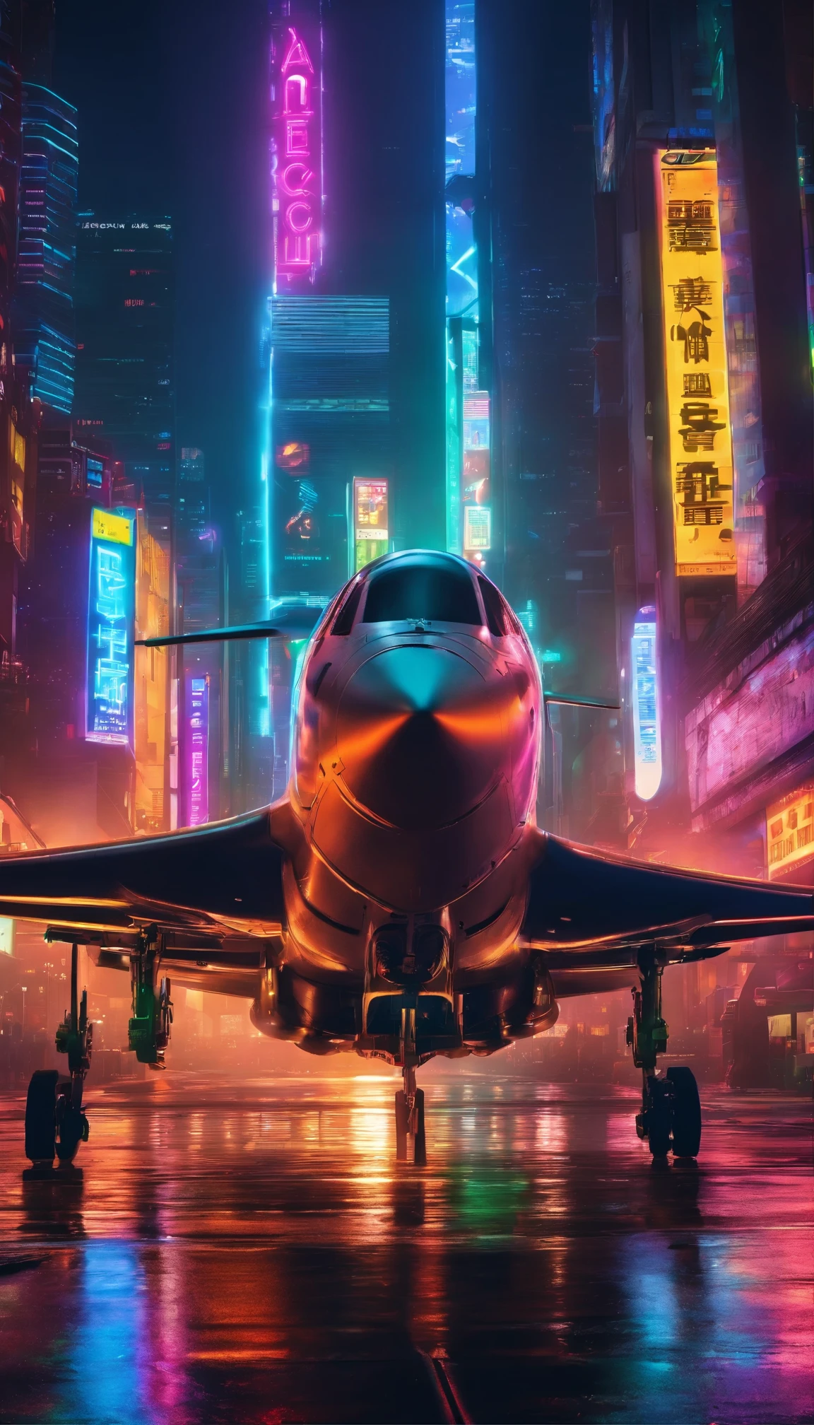 Cyberpunk-style airplane in focus, colored in black and neon, featuring intricate and complex mechanical structures with glowing parts. simple background, Photographed by Juergen Teller. Camera model: Sony A9 II. Camera parameters: shutter speed 1/200, aperture f4.5, ISO 800. Lighting style: street light. Fancy words: powerful, sleek, futuristic