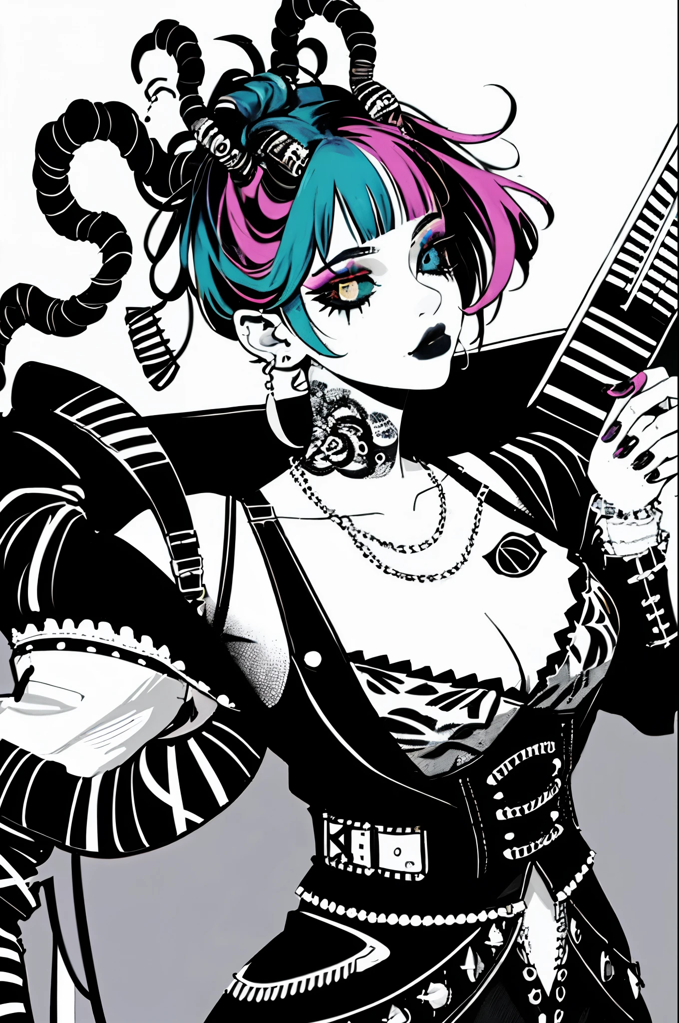 (masterpiece:1.2, best quality), (real picture, intricate details), (1lady, solo, upper body, big) The clothes ar:avant-garde,avant-garde,Experiment with appearance:curlies,Dramatic makeup,Unconventional fashion choice behavior:rebelliousness、non-conformist、Provocation location:urban art district、Underground music venues Hobbies:Participation in punk shows、creating mixed media art、Try different subcultural values:individuality、Realiy、Creative expression of inspiration:Punk rock music、Counterculture icons,Avant-garde art movement character traits:boldness、boldness、act outside the box。