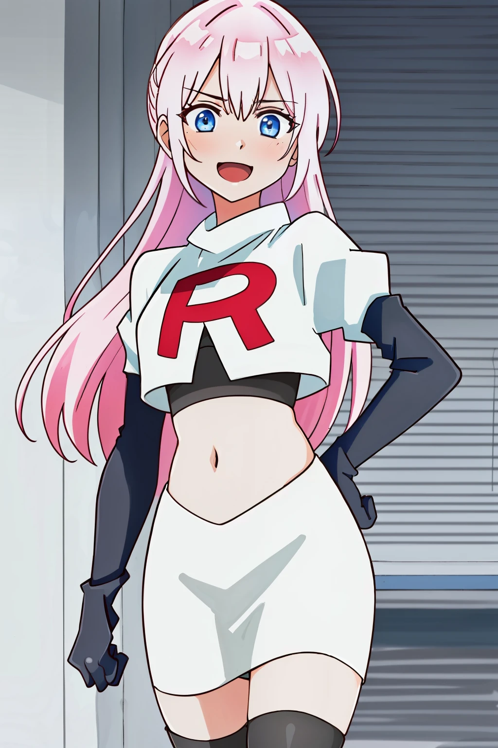 1girl, solo, shikimoriMicchon, highres, hdr, (((best quality, masterpiece))), ultra detailed illustration, extremely detailed face, team rocket,team rocket uniform, red letter R, white skirt,white crop top,black thigh-highs,black elbow gloves,
