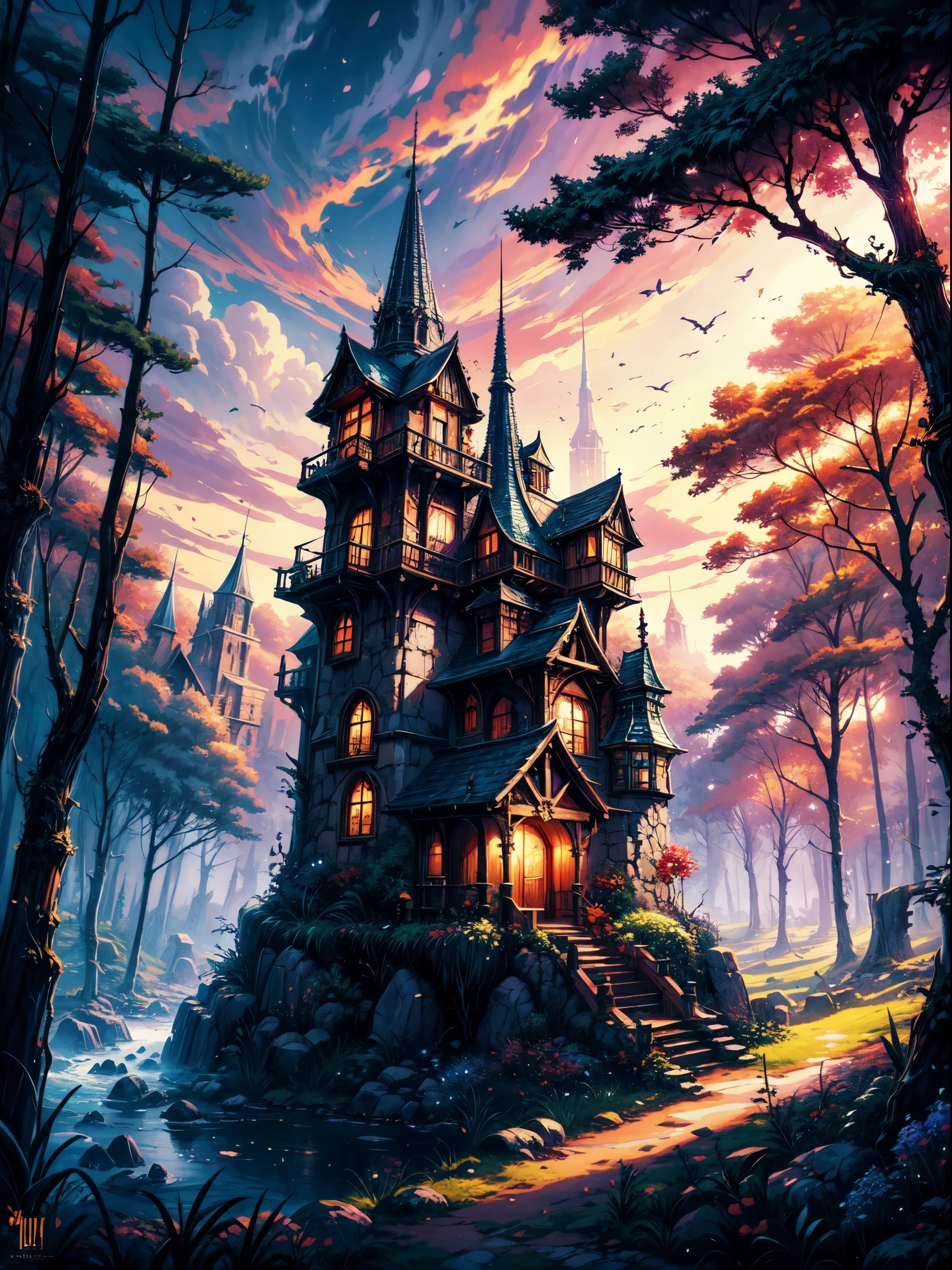 (masterpiece, top quality, best quality. official art, beautiful and aesthetic:1.2). Stunning matte painting portraying there is a stone building in the middle of a forest, dark fantasy setting, enchanted magical fantasy forest, witch cottage in the forest, highly detailed fantasy art, detailed fantasy digital art, digital 2d fantasy art, detailed digital 2d fantasy art, inspired by Andreas Rocha, enchanted and magic forest, fantasy art style, unreal engine fantasy art, magical fantasy forest anime background fantasy paradise, sunset glow, intricate detailing, mythical realm, digital masterpiece, 14K resolution,