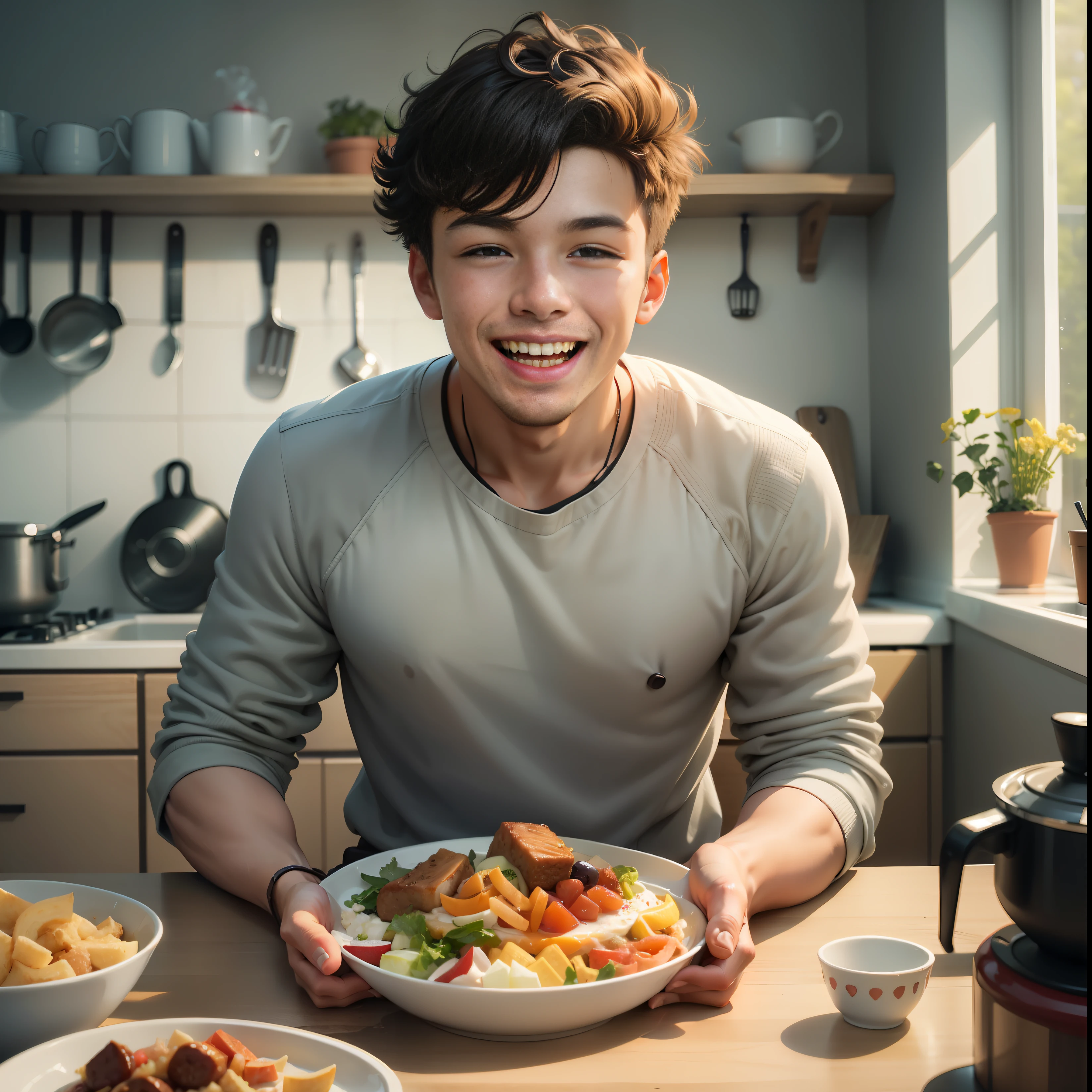 young man who eats happily and smiles for the camera, in the kitchen, with furniture