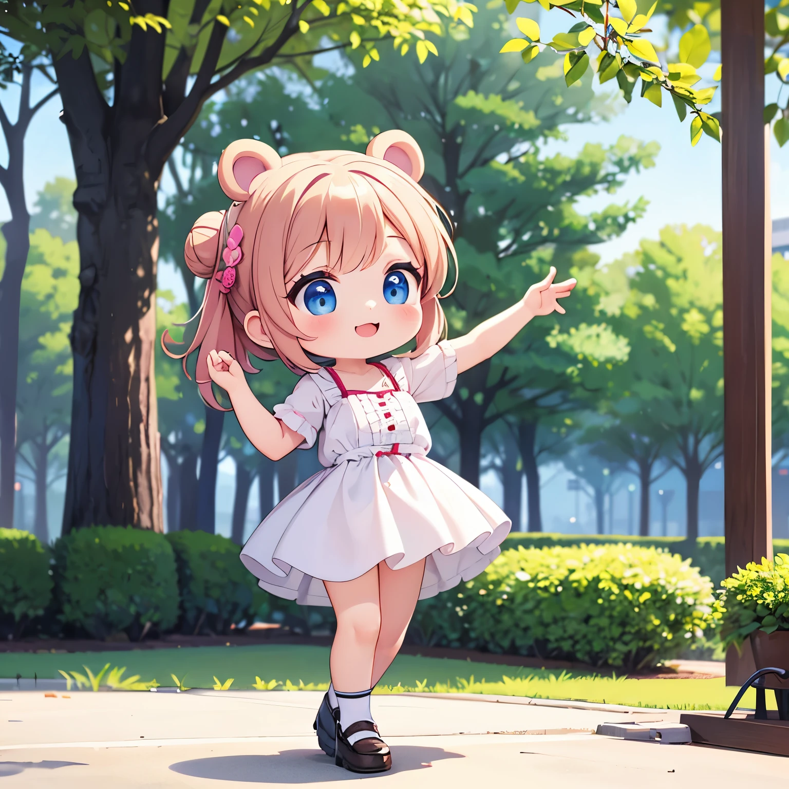 Photoreal、octane render、Morning park、Chibi girl dancing with teddy bear、girl has bun hair、smile