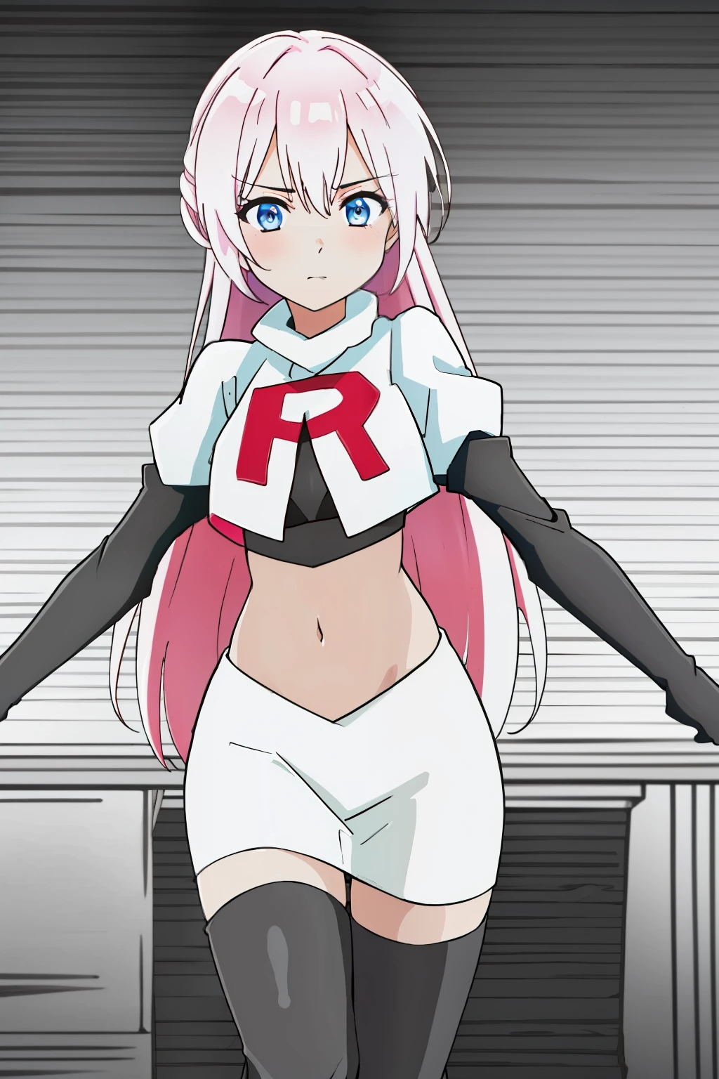 1girl, solo, shikimoriMicchon, highres, hdr, (((best quality, masterpiece))), ultra detailed illustration, extremely detailed face, team rocket,team rocket uniform, red letter R, white skirt,white crop top,black thigh-highs,black elbow gloves,