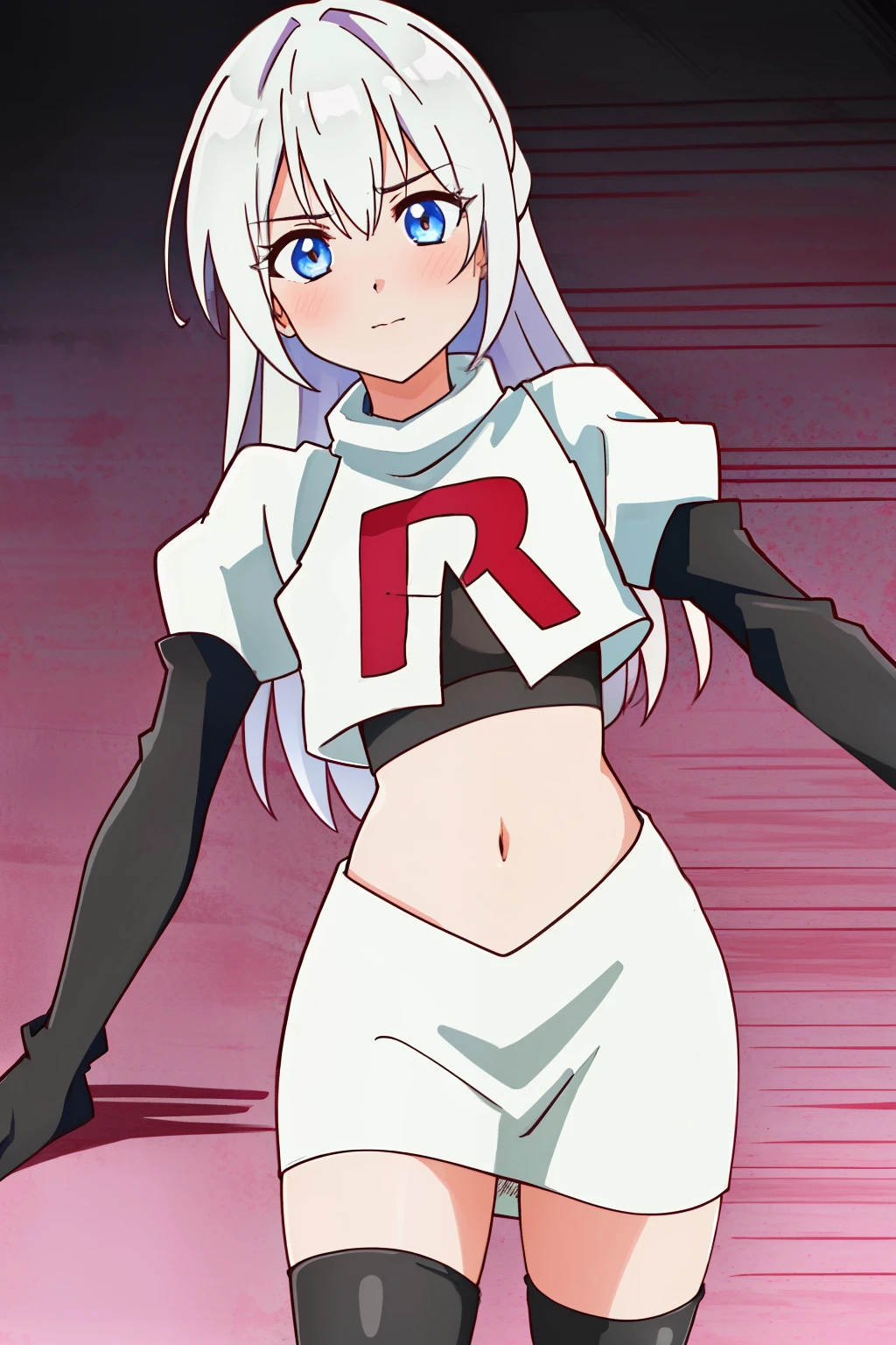 1girl, solo, shikimoriMicchon, highres, hdr, (((best quality, masterpiece))), ultra detailed illustration, extremely detailed face, team rocket,team rocket uniform, red letter R, white skirt,white crop top,black thigh-highs,black elbow gloves,