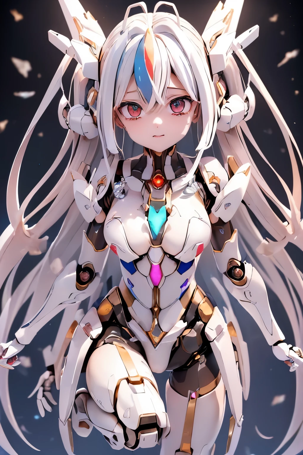 (masterpiece: 1.4), (highest quality: 1.4), (She is fused with futuristic Gundam mecha), (very cute girl, super detailed face, eyes like jewels, white very long hair, Colorful gradient hair: 1.4), Gundam style, with headgear, with v-fin ,, armored shoulders,armored under arms, armored under legs, mechanical wings, holding weapon, holding huge weapon, holding Very large shield, full body pose, (whole body:1.5, perfect 2 arms, perfect 2 legs: 1.4), (perfect four fingers: 1 thumb), light, shine, Bokeh, super fine, broken streets, Broken City,