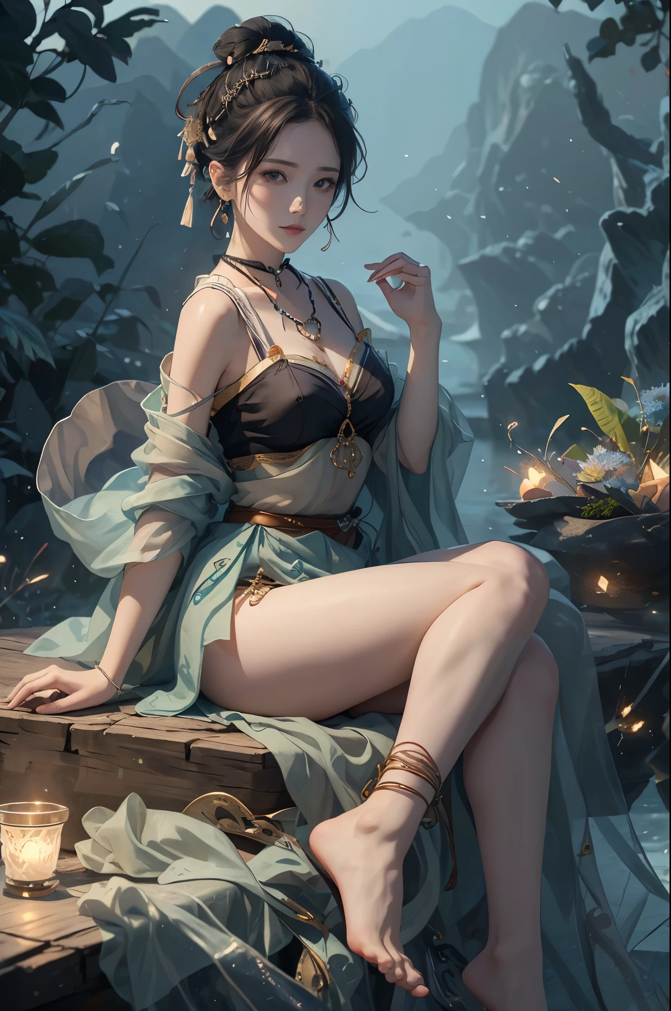 Masterpiece, Best quality, Masterpiece,Best quality,offcial art,Extremely detailed Cg Unity 8K wallpaper, Night, stars, against backlight at dusk, Realistic, Photo, Real, landscape/scenery, Huge_filesize, the wallpaper, A MILF, Long hair, Purple hair, curly_Hair, Makeup , Light smile, Blue eyes, Medium breasts, Japanese_clothes, Obi, hair-bun, double bun hair, Earrings, jewelry, pendant, Black choker , wariza/W-sitting, Sit on the, Lying ,