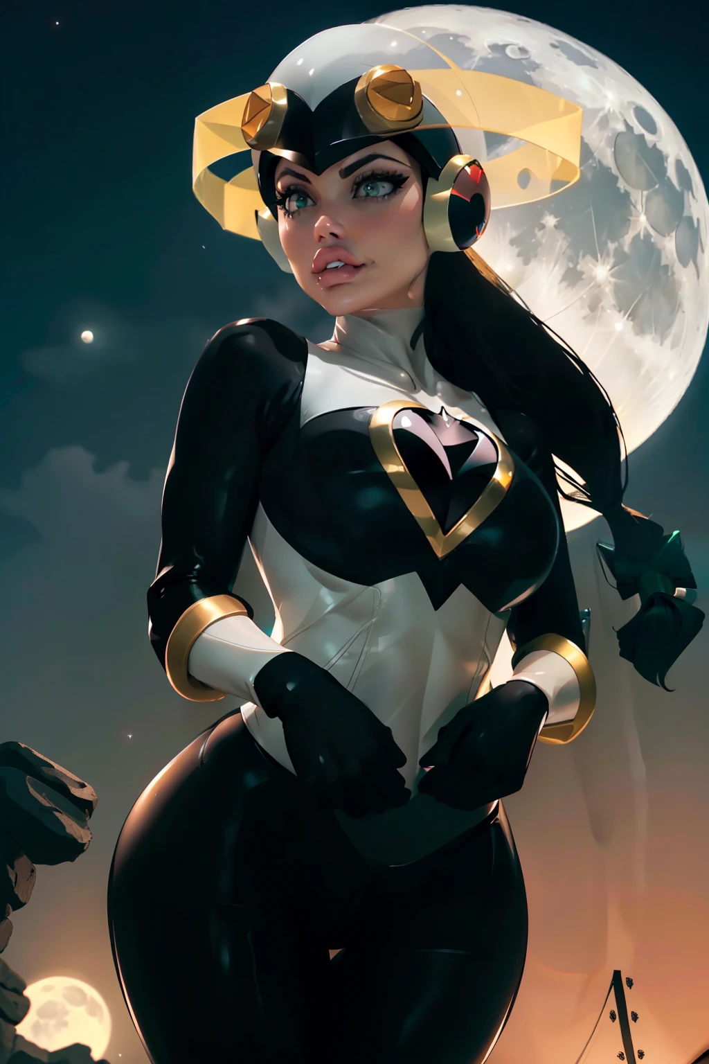 (Aletta ocean face), Waifu, masterpiece, curvy, breasts, moon, full moon, gloves, 1girl, clenched teeth, black helmet, cleavage, large, roll_exe_megamanbn,(helmet),hair,long hair,leotard,green eyes,((black bodysuit,black legs, black hips, black torso)), breasts, ((roll_exe:1.2)), (small breasts:1.4), rating:explicit,rule34, , tits,clenched hands, night, sky, ((black bodysuit:1.4)),(white skin:1.4), clenched hand, rating:questionable, ((long hair:1.5)), solo, angry, lip biting, official illustration, illustration, detailed face, beautiful intricate eyes, curvy milf, 1:2), closeup, titsnipples