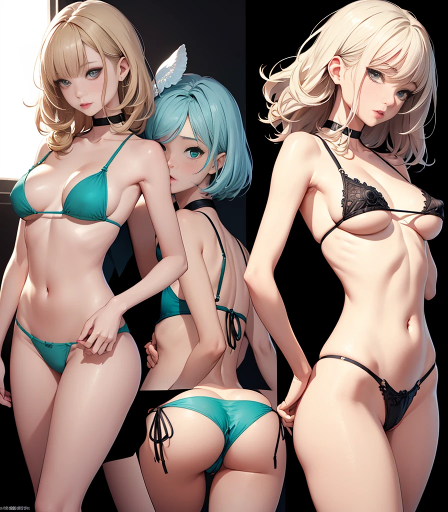 NSFW:1.3、((muste piece))、((best quality))、high quality、High definition、High resolution、high details、(black background)、full figure、Lens flare、ray tracing、side light、high qualityなshadow、high qualityなテクスチャ、detailed texture、Beautiful details、(detailed beautiful delicate face、detailed beautiful delicate eyes、perfect facial proportions、detailed skin、Charm、realistic and colorful)、((slender beauty))、Beautiful woman、sexy actress、 gravure girls 、((Two perfect beauties lined up together、Front and back views))、(intricate details、Makeup、Pure Eros Face)、flashy hair color、beautiful bangs、detailed chest、big breasts pointing upwards、((underide boob))、((chest protuberance:1.5))、(erotic pose)、((See-through))、((high leg))、((High V cut))、(thong panties)、(micro mini bikini)、seafoam green bikini