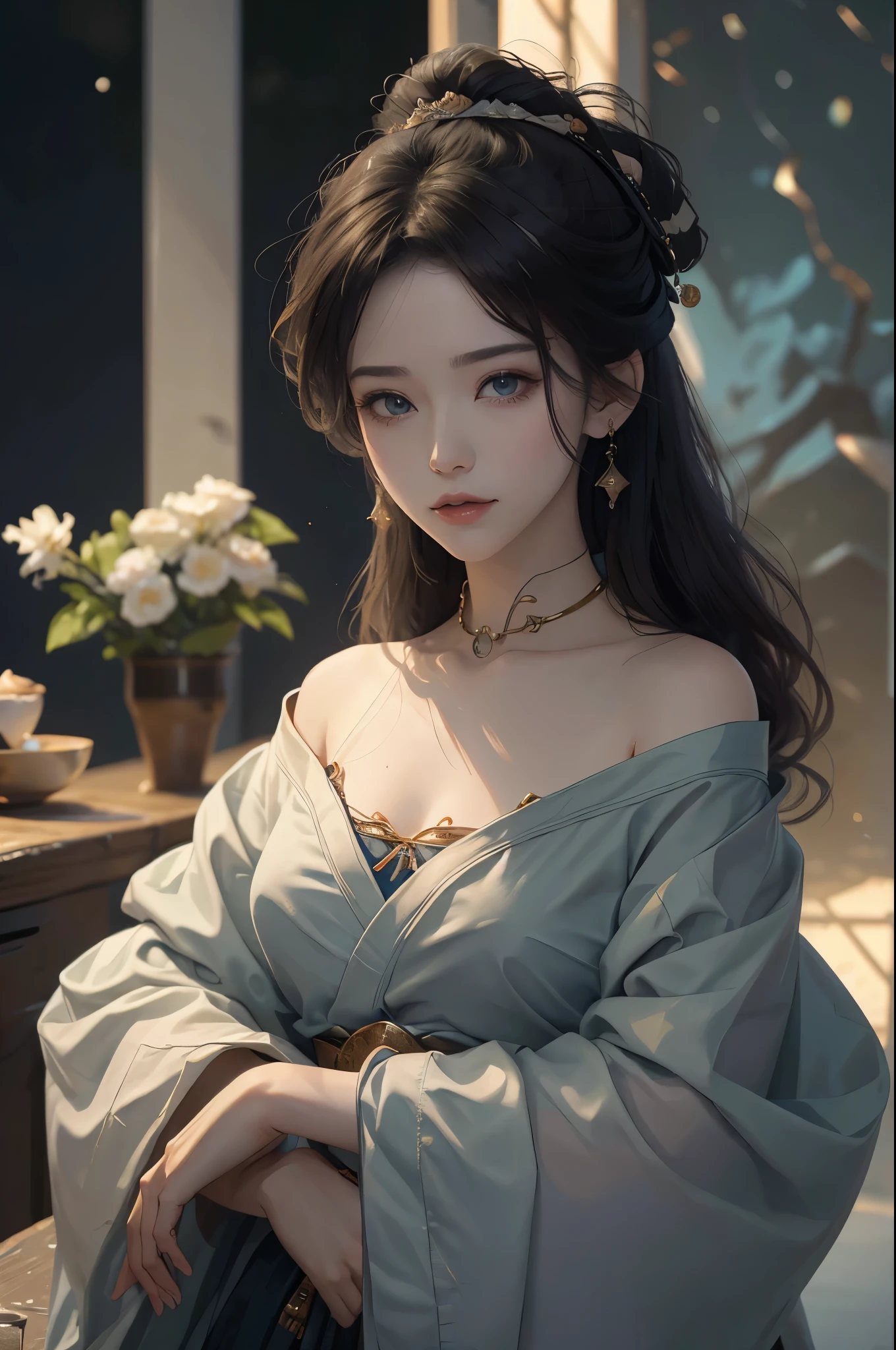 (RAW Photography、top-quality)、(realisitic、Photorealsitic:1.3)、top-quality、high-detail、masterpiece、Tobburesu、nipple、ultra-detailliert、illustratio、1girl、upper_body、dynamic ungle、world masterpiece theater、messy_long_hair、top-quality、the Extremely Detailed CG Unity 8K Wallpapers、inky、magnifica、电影灯光、lens_flare、dunhuang_style