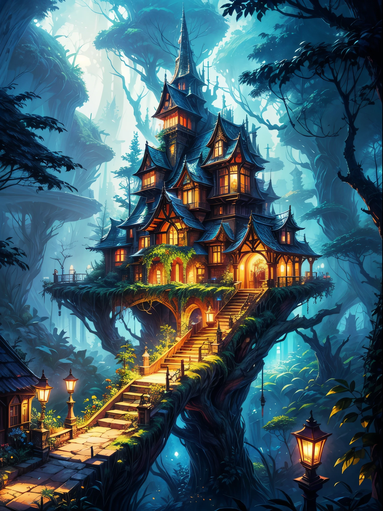 (best quality,ultra-detailed),(fantasy,imaginary) elven city,jungle,wide shot,far shot, aerial view,(magical,enchanted) world tree,tree houses,(natural magic,mystical powers),vibrant colors,(ethereal,otherworldly) lighting