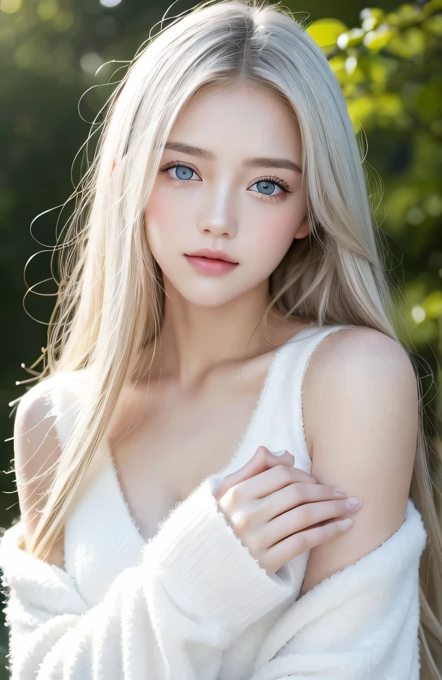 １４Caucasian model at the age, 両脚でFull body photo standing,（(Clean clothes)), wearing fluffy clothes, Natural light, Pretty Caucasian Woman, white hair, A sloppy smile, (8K, Live shooting, highest quality, masterpiece: 1.2), masterpiece, super detail, , High-definition RAW color photo, Full body photo standing, , , , , highly detailed eyes, realistic skin texture, highly detailed fingers, very detailed nose, highly detailed mouth, , Photo above the knee, , See-through feeling、Transparent processing、Wear fluffy clothes、, White hair, Blue eyes, masterpiece, realistic skin texture, , shiny hair and white skin, 、 natural skin texture,  A young woman who looks like a girl,  Photo above the knee、Blue eyes,  、lowered eyebrows,  innocent face,  Eyes that look gentle,  natural skin texture, round face,  Kind eyes, long and pure white beautiful hair、, small face,  No decorations attached,  white, drooping eyebrows,  Mont Blanc, white, drooping eyebrows、Eyes with sparkle、Both eyes are the same shape and size、Posing