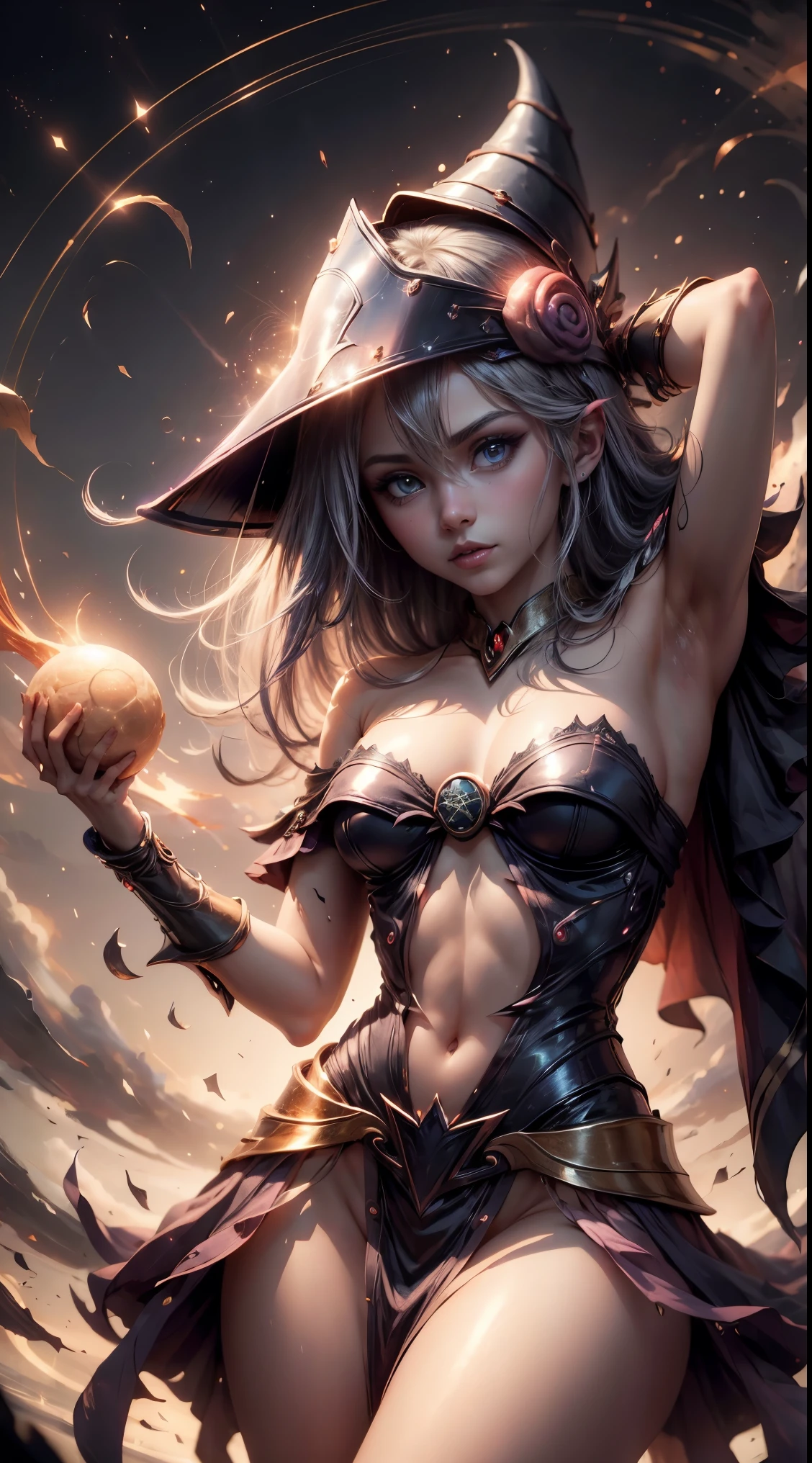 Dark magician gils bajo la luz de la luna, Atmospheric, Hora dorada, encantador, Oscuro y encantador, fondo de magia y hechizos. Pose sensual y sexy