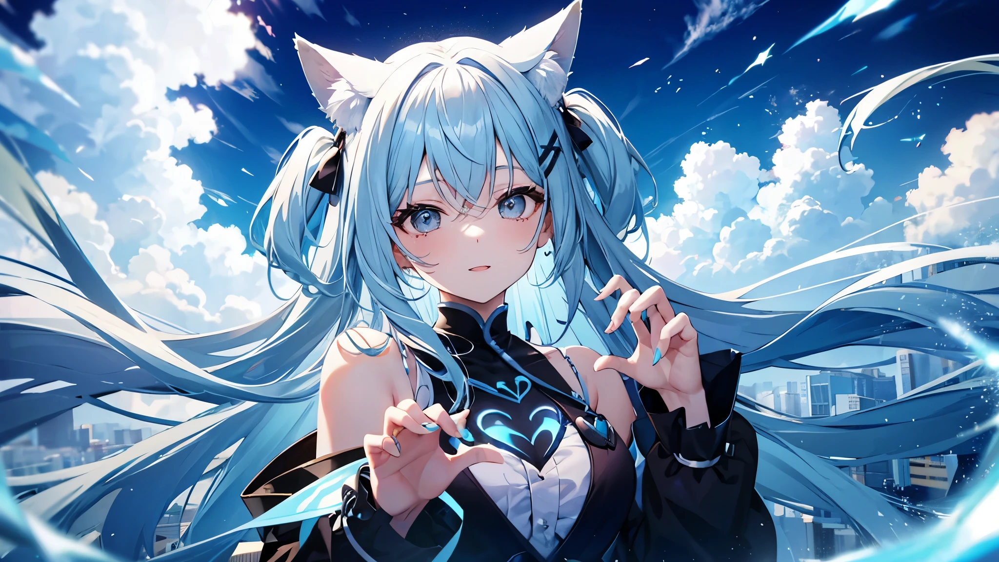 pretty girl, happy, Long bifurcated hair, light sky blue hair, Puppy ears, Black eyes, making a heart with hands