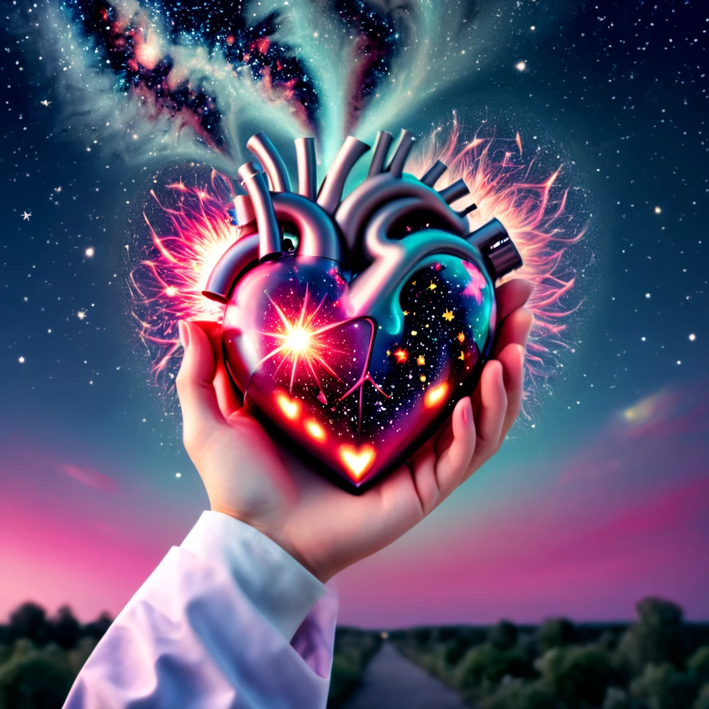 a heart pumps in a doctor's hand, close up, the sky full of stars that shoot out and explode, real and magical